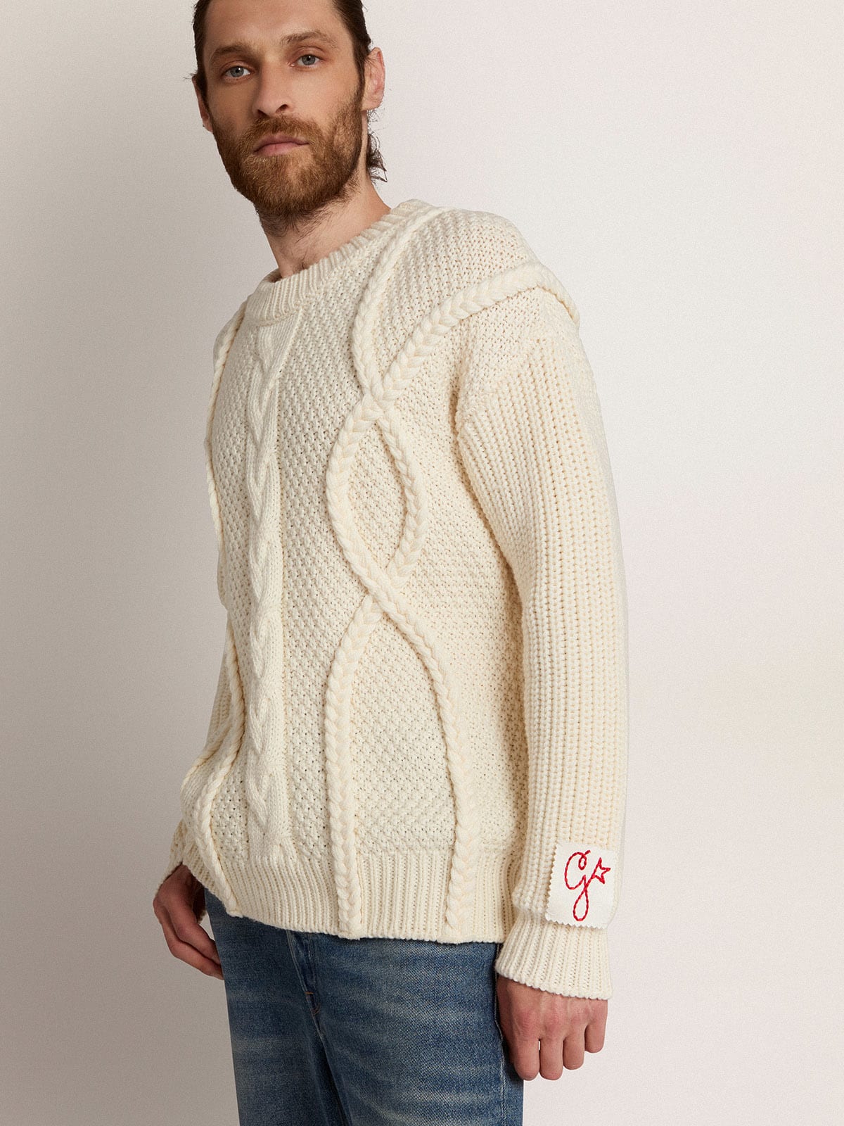Maglione girocollo da uomo in lana con motivo intrecciato