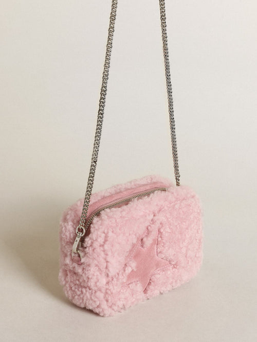 Borsa Mini Star Bag in shearling color rosa e con stella in suede