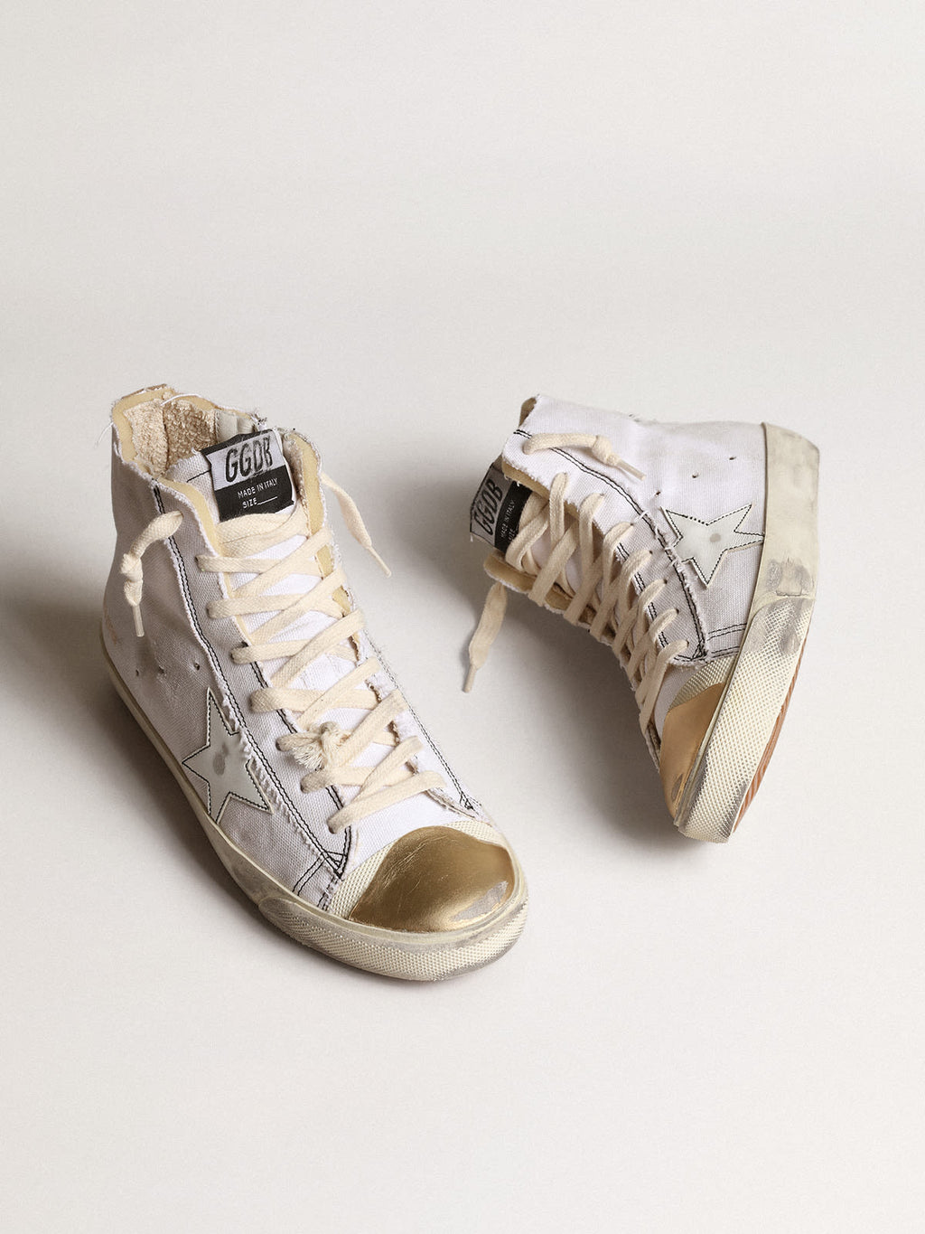 Sneaker Francy LAB con stella in pelle bianca e punta in pelle laminata color oro