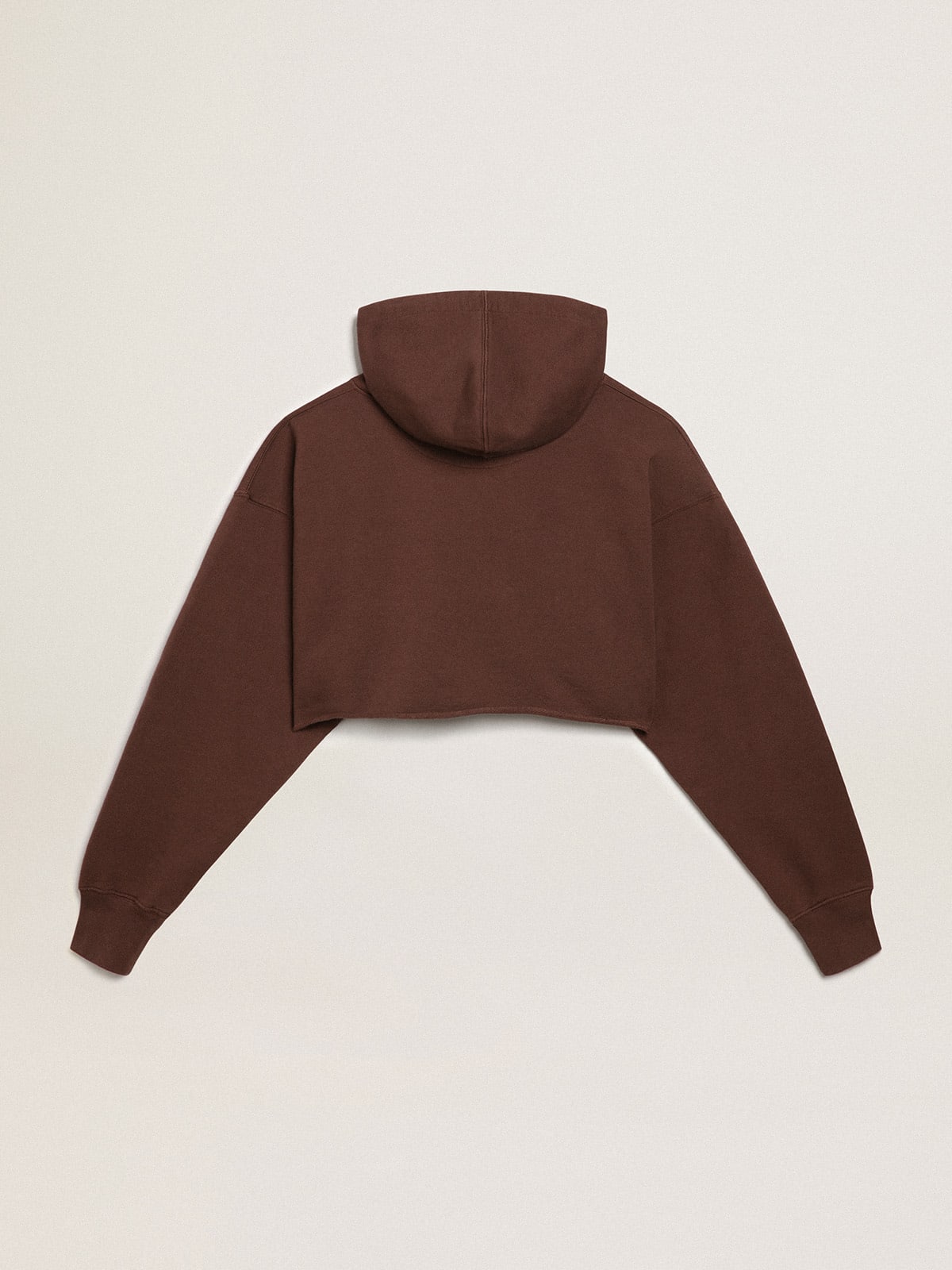 Felpa crop con cappuccio Collezione Journey di colore marrone noce scritta Golden bianca a contrasto
