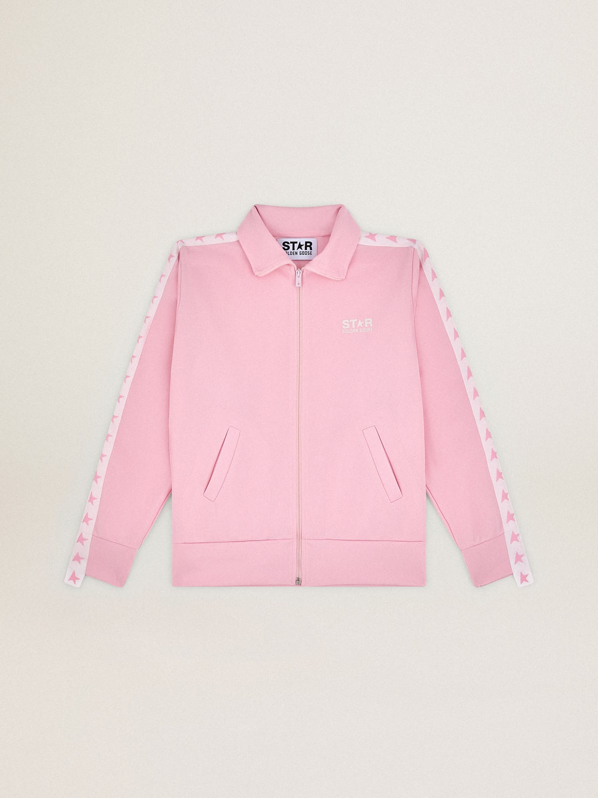 Felpa con zip da donna di colore rosa con stelle rosa a contrasto