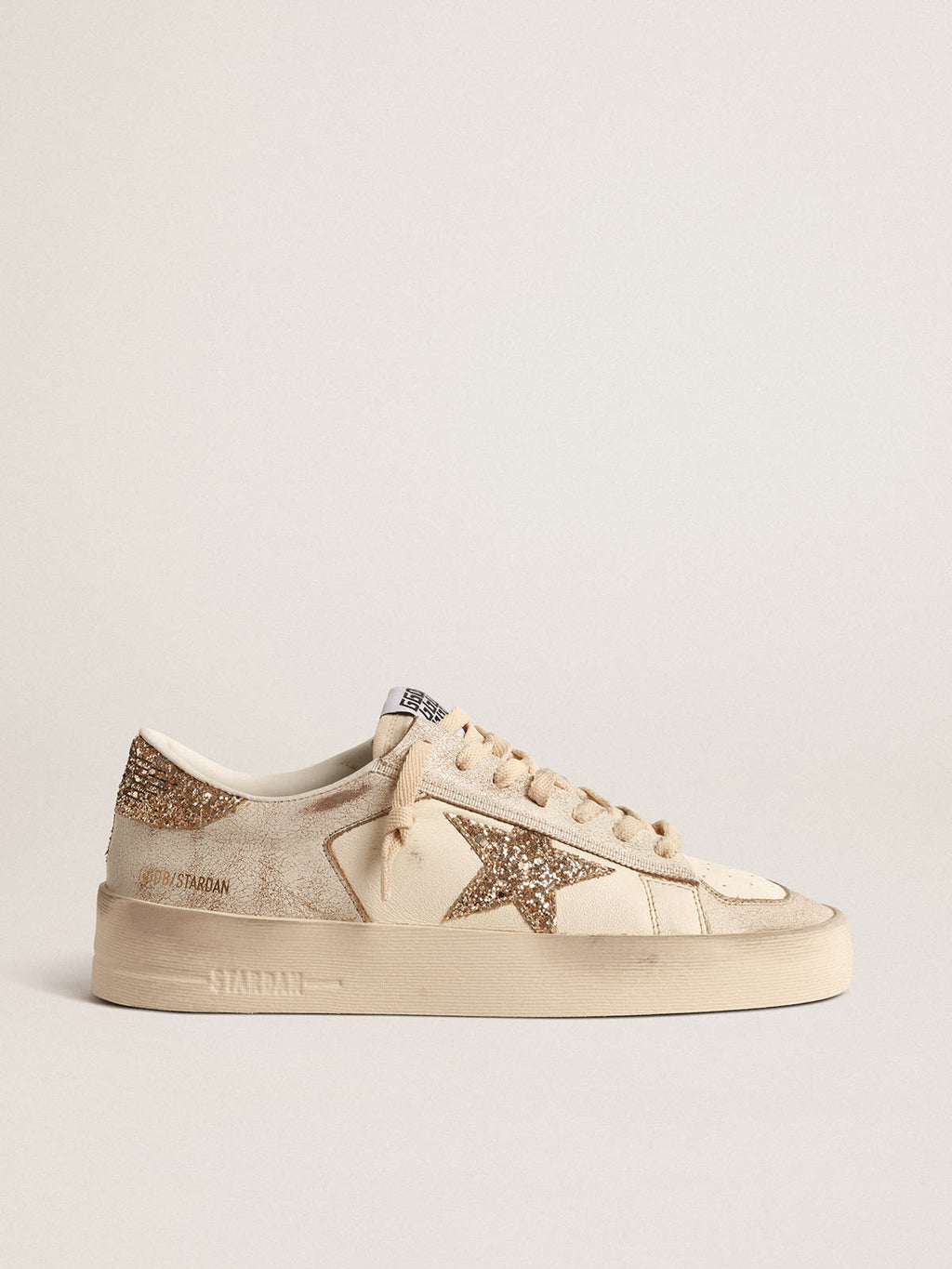 Stardan in nappa écru con stella e talloncino in glitter dorati