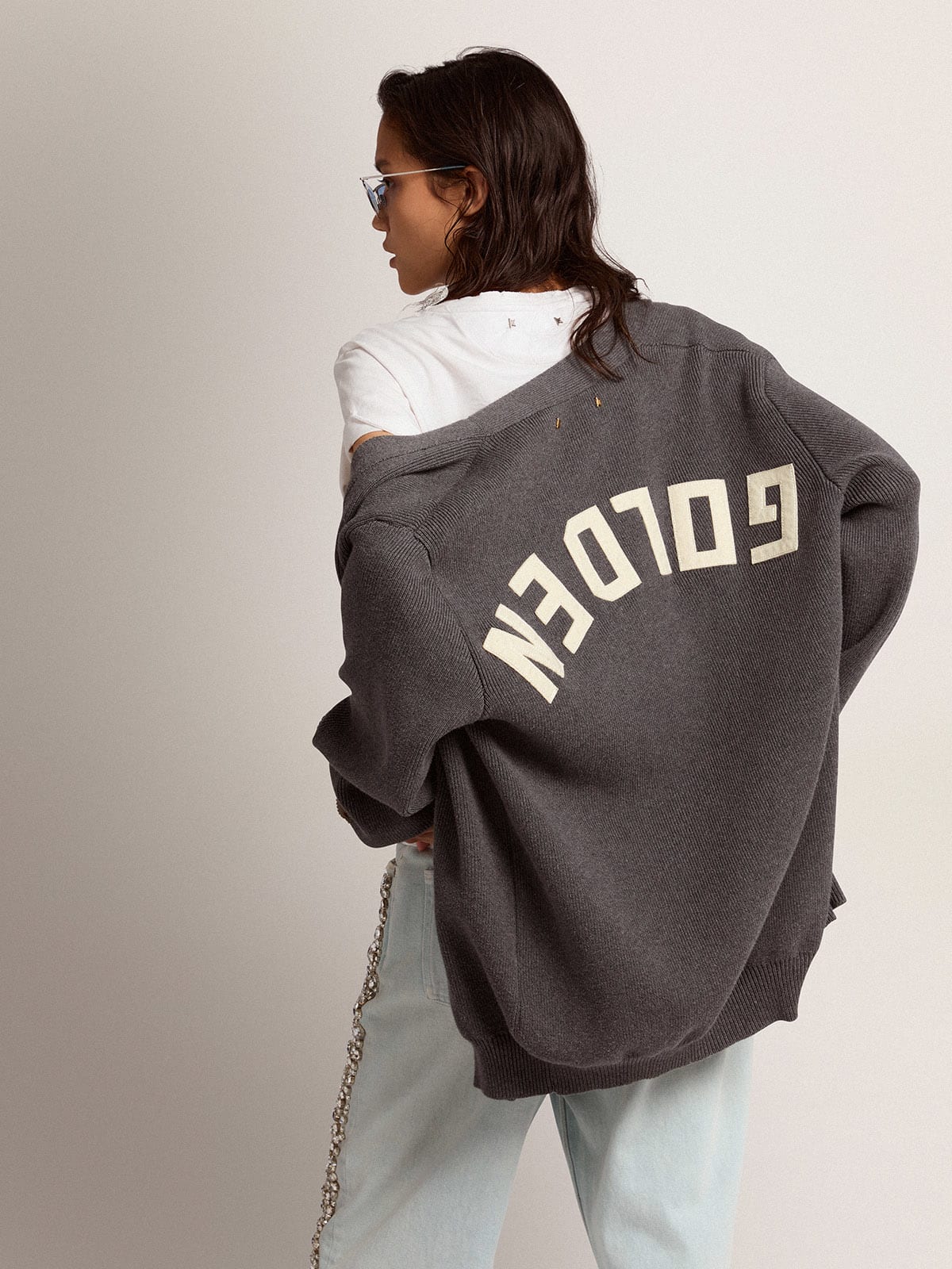 Cardigan da donna in cotone grigio mélange con logo sul retro