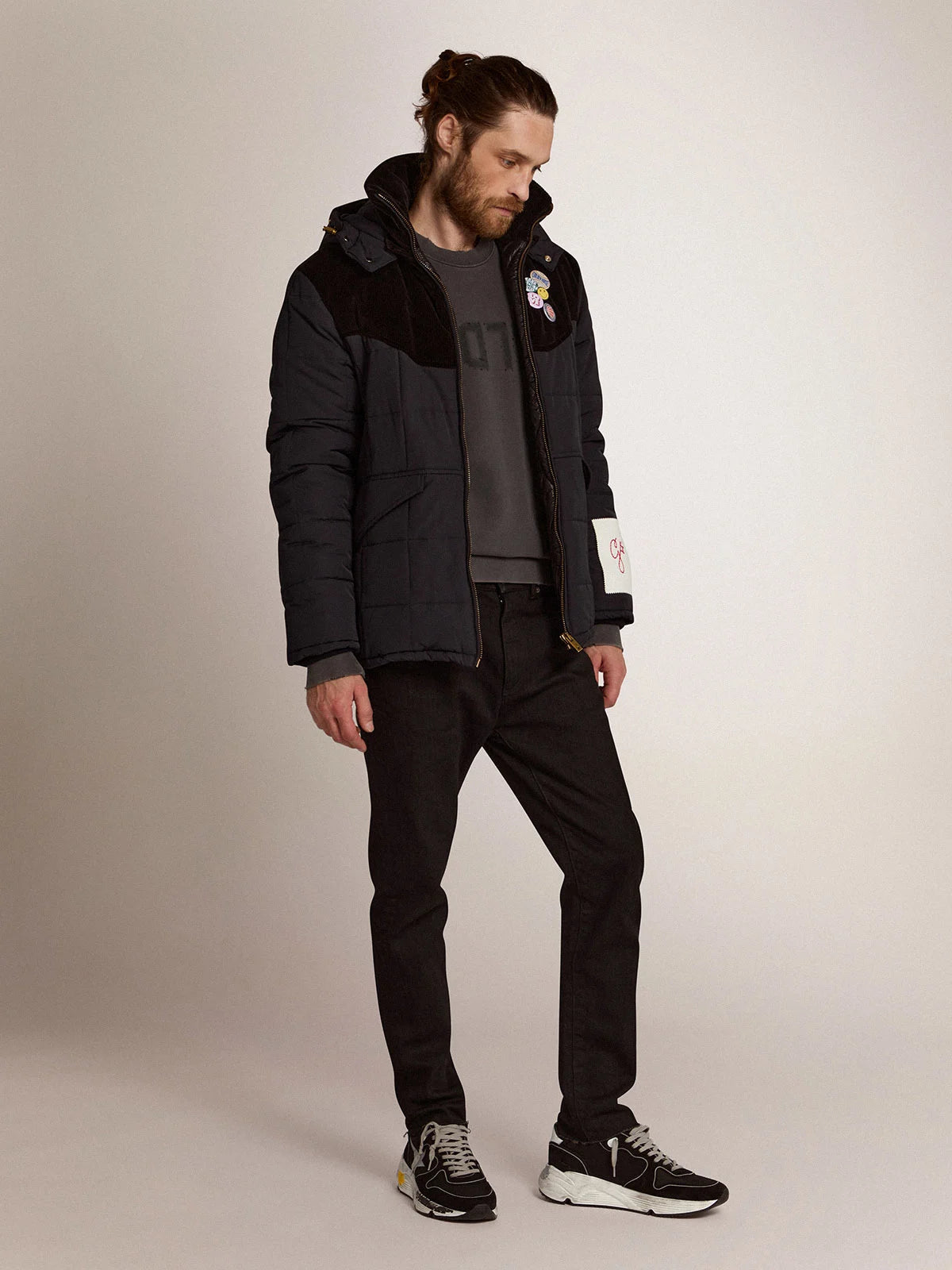 Giacca piumino in nylon blu scuro e cotone corduroy nero