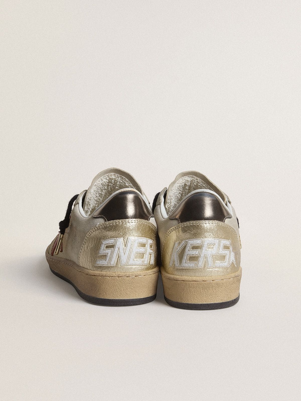Ball Star in beige suede with red leather star and metallic bronze foiled leather heel tab