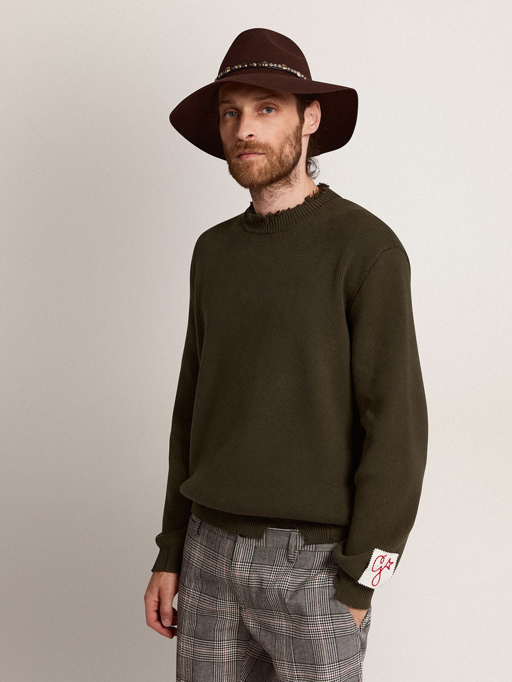 Maglione girocollo in cotone verde militare