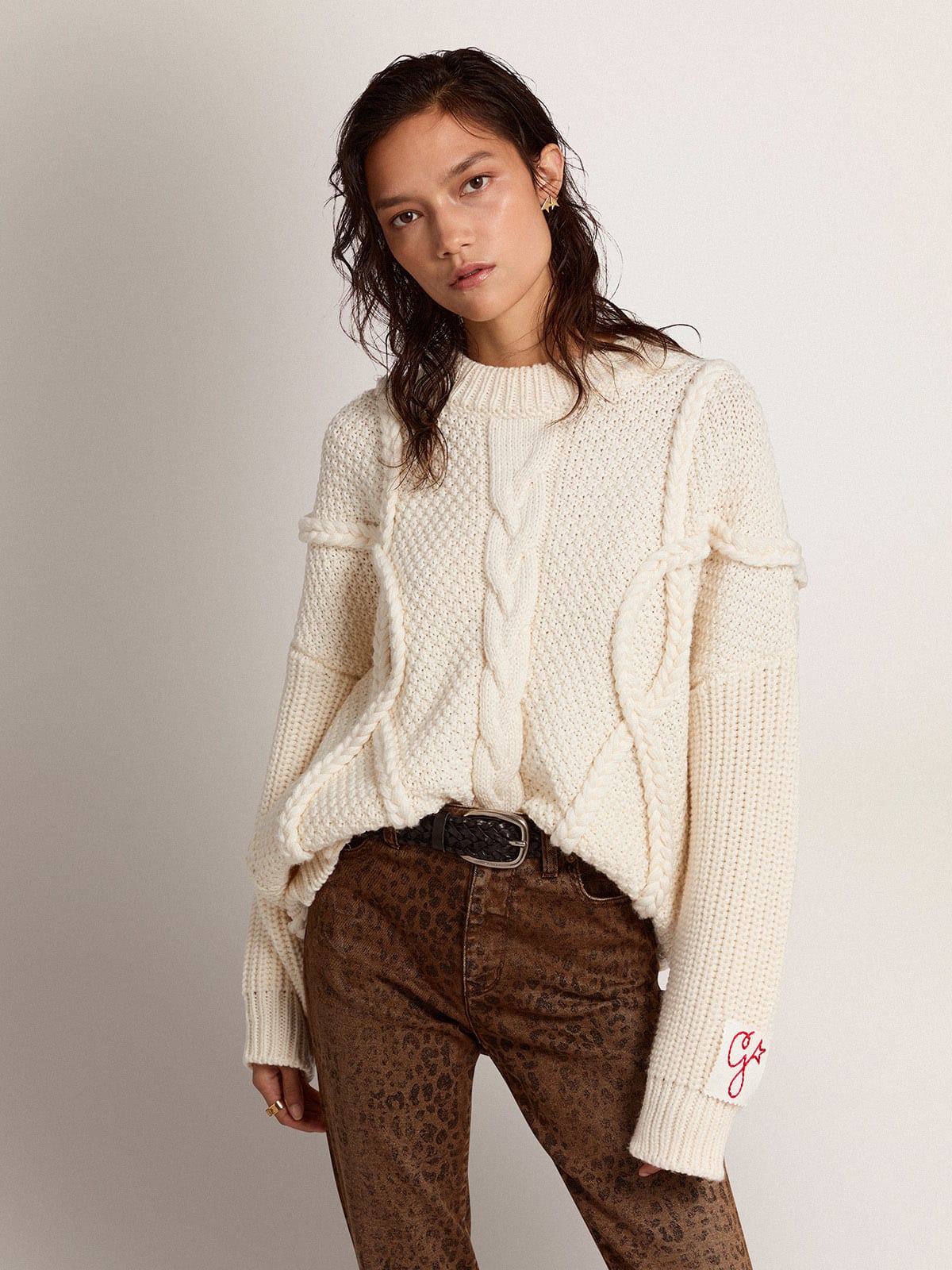 Maglione girocollo da donna in lana con motivo intrecciato