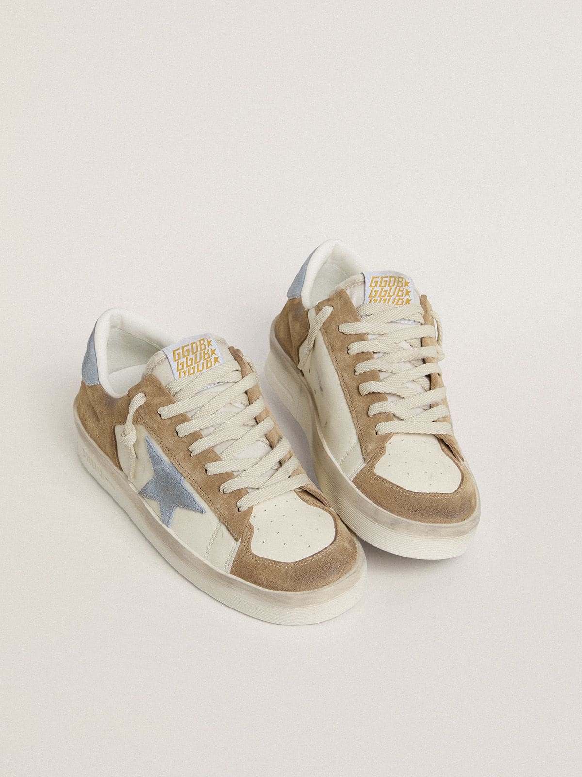 Stardan LTD in white leather and tobacco suede with light blue suede star and heel tab