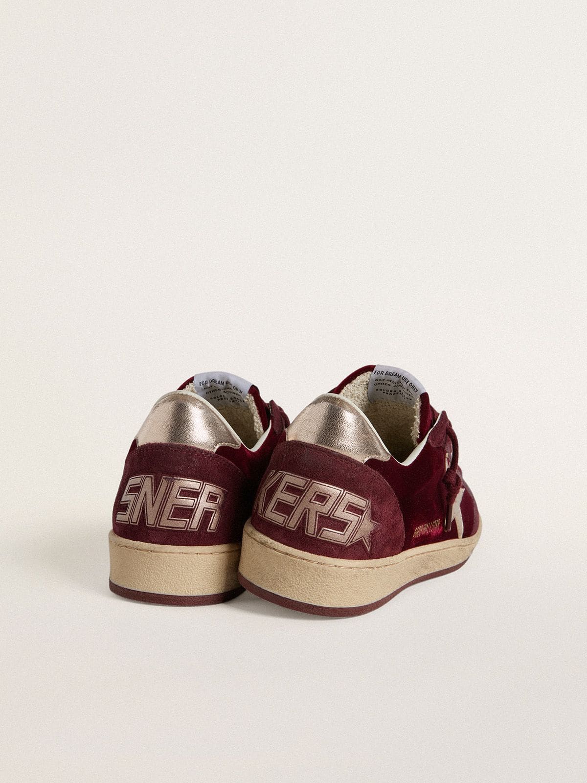 Women's Ball Star in burgundy velvet with gold metallic leather star and heel tab