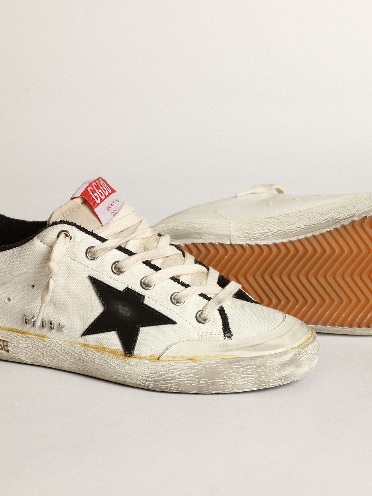Sneaker Super-Star donna LTD in canvas beige con stella in pelle nera e talloncino in pelle bianca