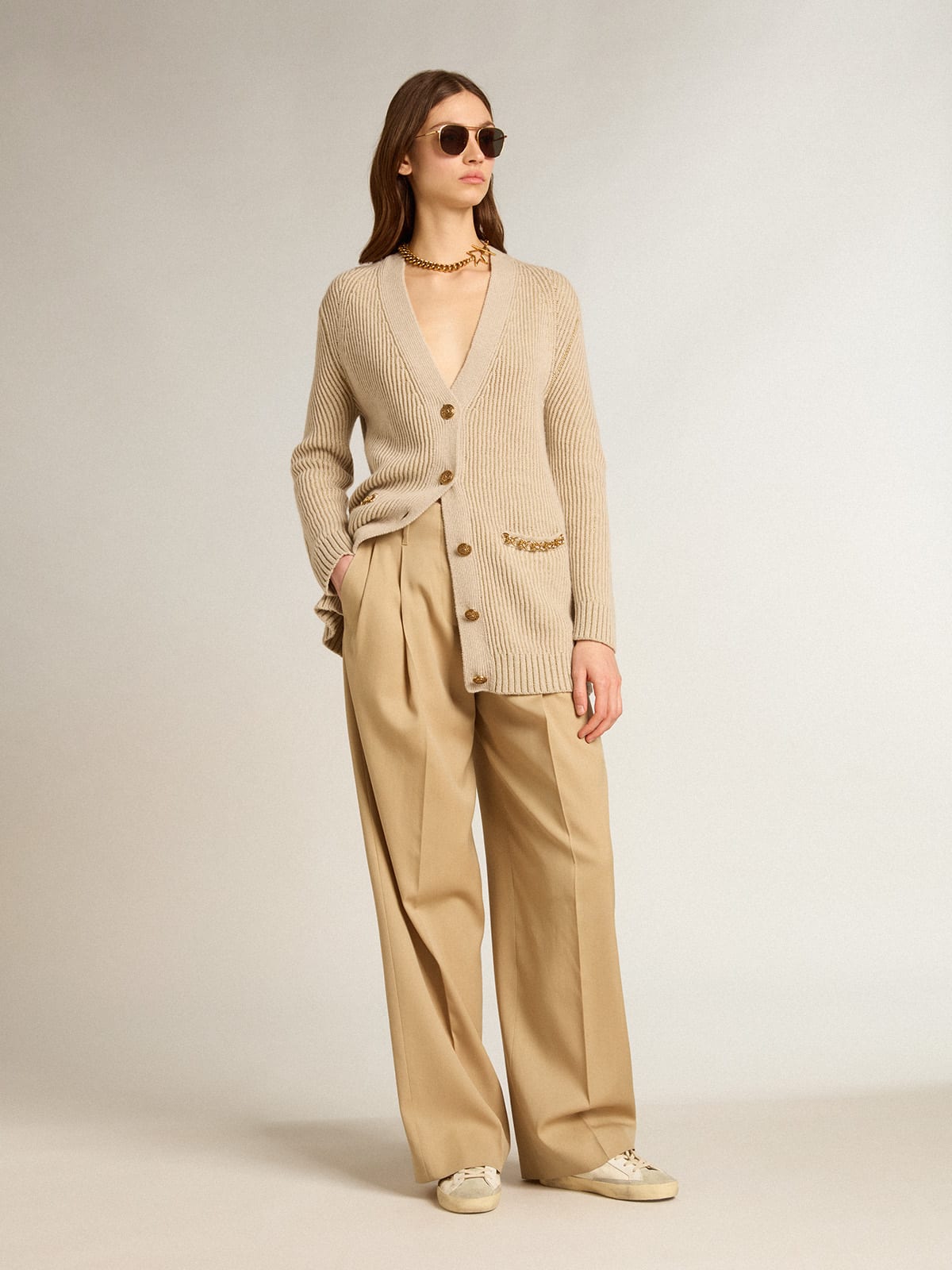 Cardigan in misto lana con trama punto costa inglese