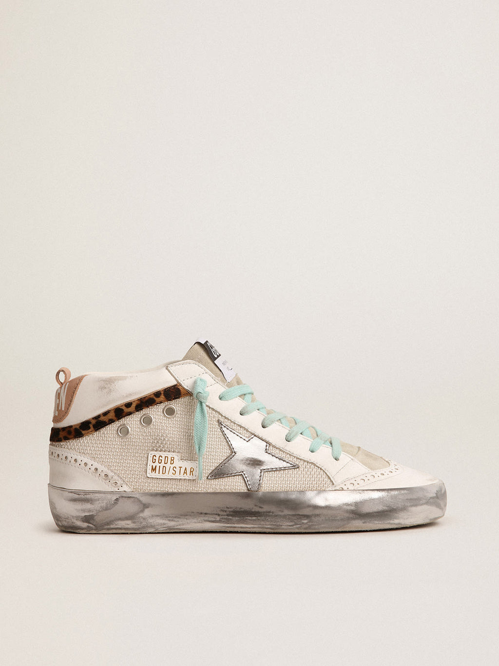 Sneaker Mid Star con stella in pelle laminata color argento e virgola in cavallino leopardato