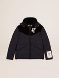 Giacca piumino in nylon blu scuro e cotone corduroy nero