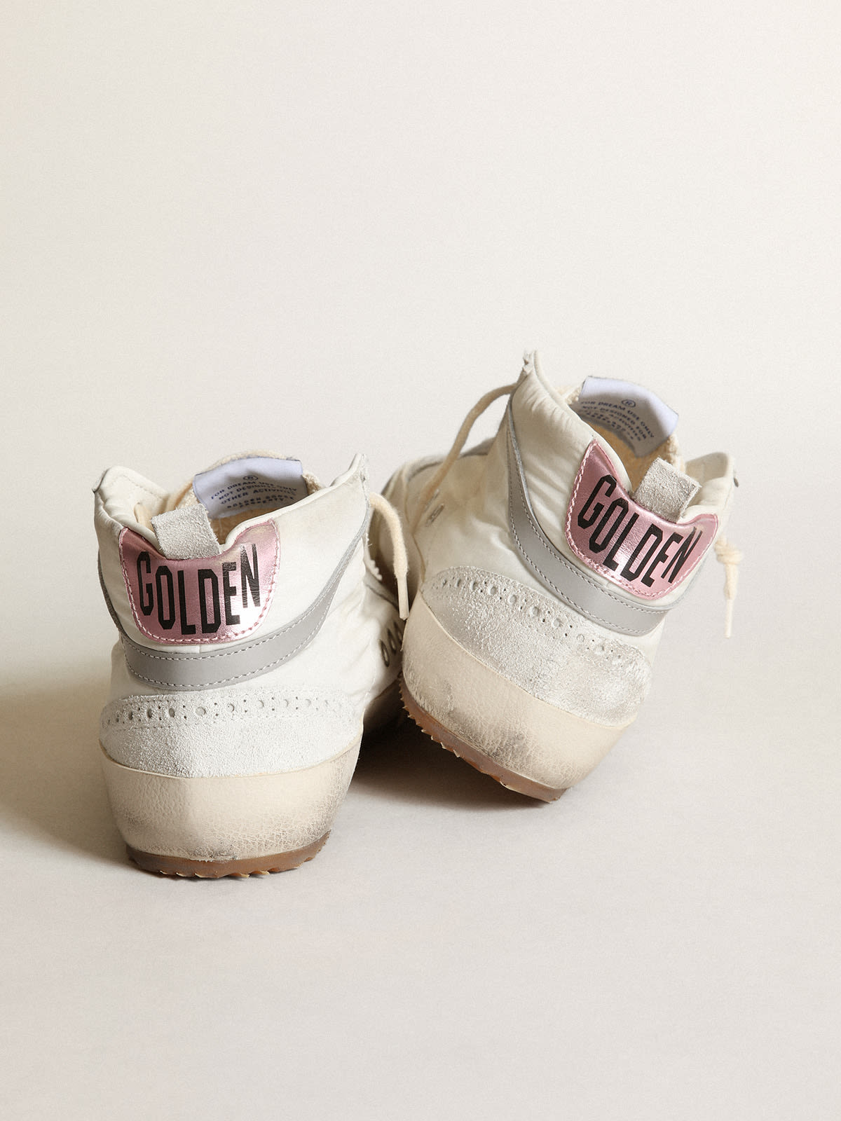 Sneaker Mid Star LTD in nylon bianco con stella in cavallino leopardato e talloncino in pelle laminata rosa