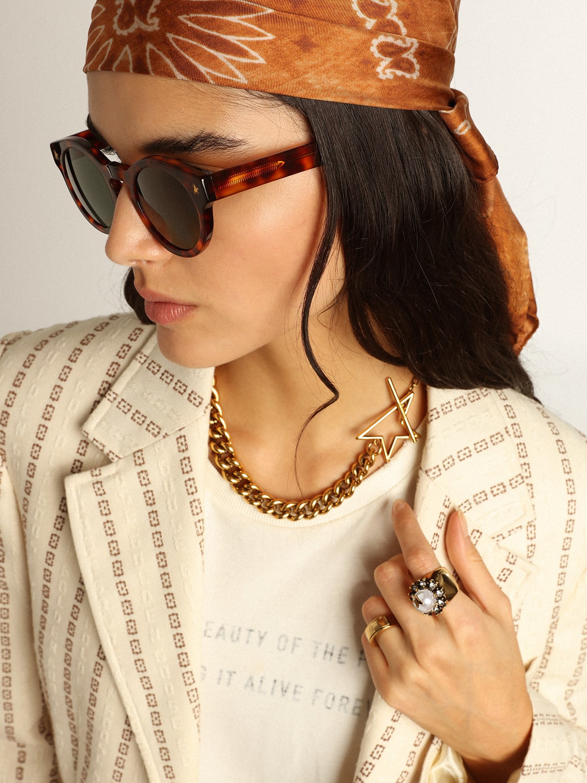 Blazer monopetto in cotone color panna con motivo jacquard