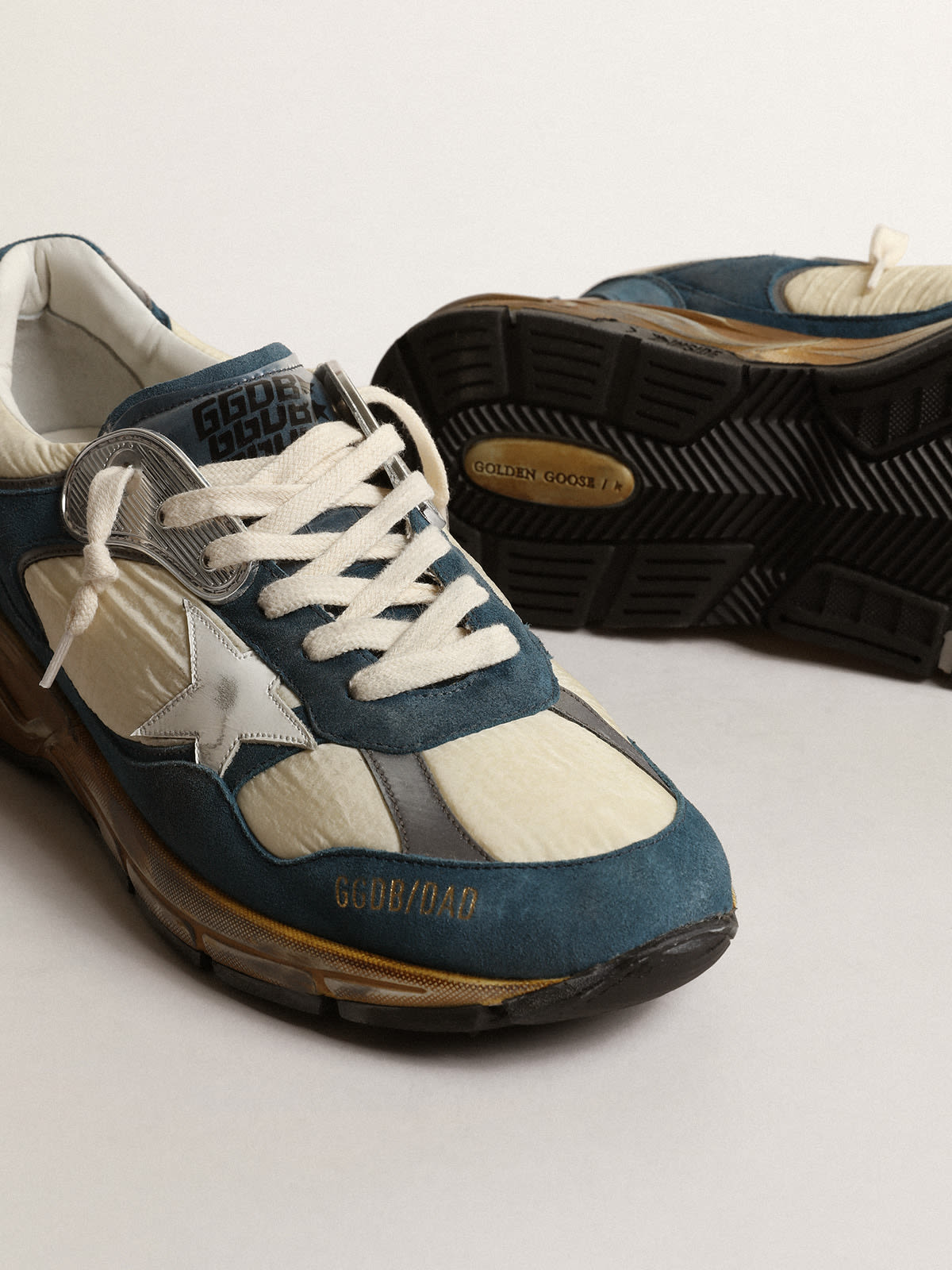 Dad-Star Uomo in suede blu petrolio con stella in pelle bianca