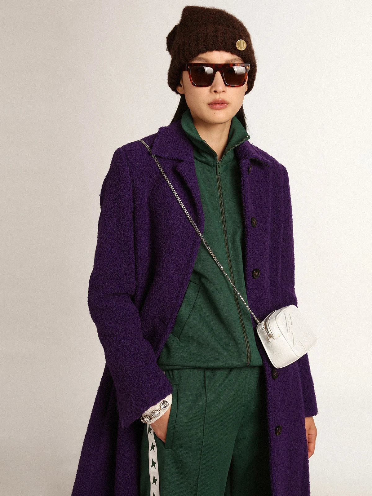 Cappotto Collezione Journey color viola indaco in lana e fodera interna con stampa disegnata