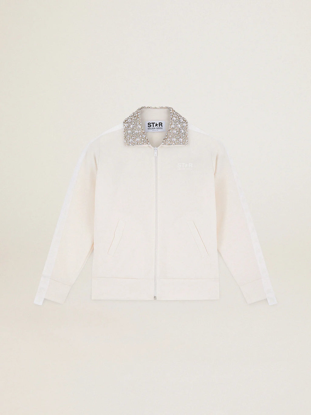 Felpa con zip Denise Collezione Star di colore bianco papyrus e colletto con cristalli