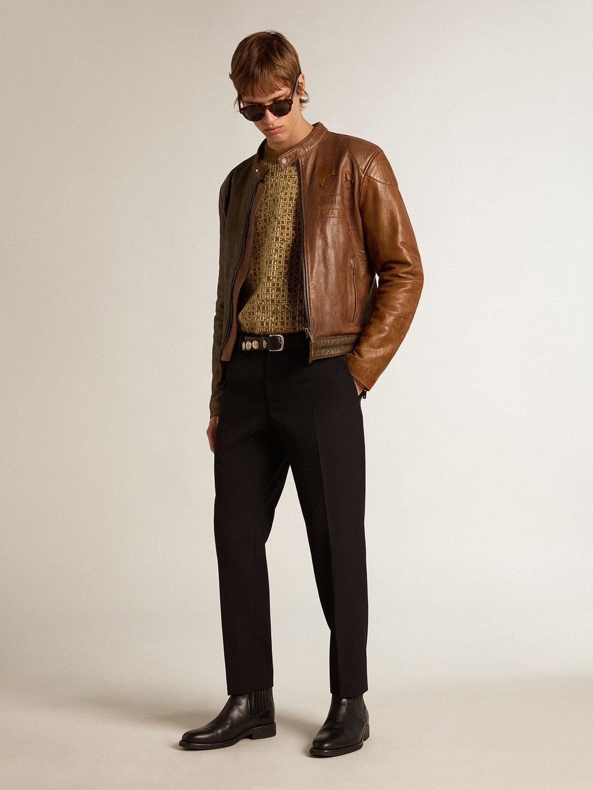 Maglione girocollo con motivo lettering-jacquard color oliva