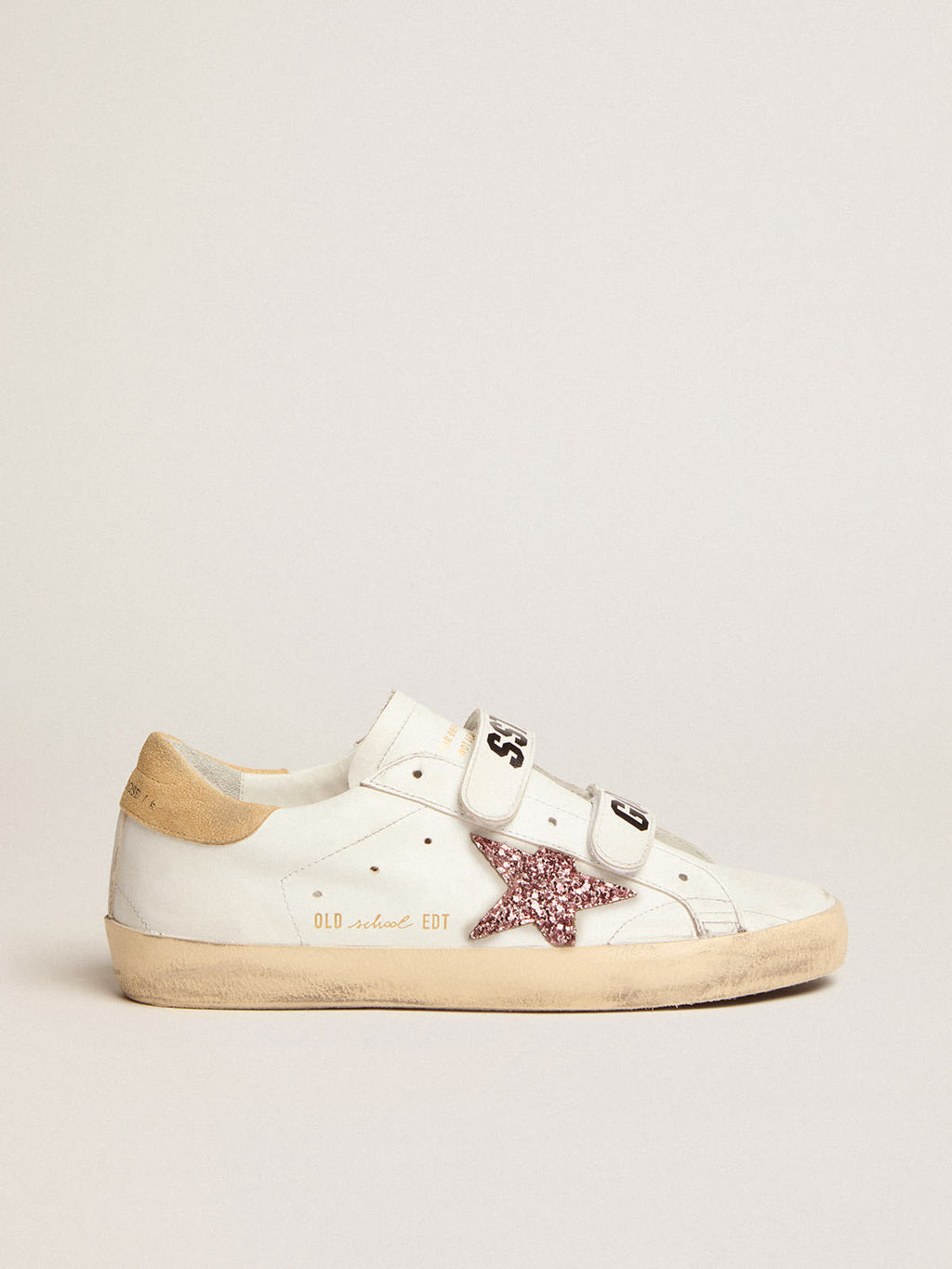 Sneaker Old School con stella in glitter rosa e talloncino in suede color sabbia