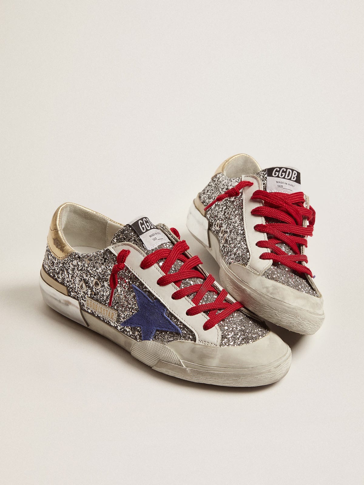 Sneaker Super-Star in glitter argento e multifoxing