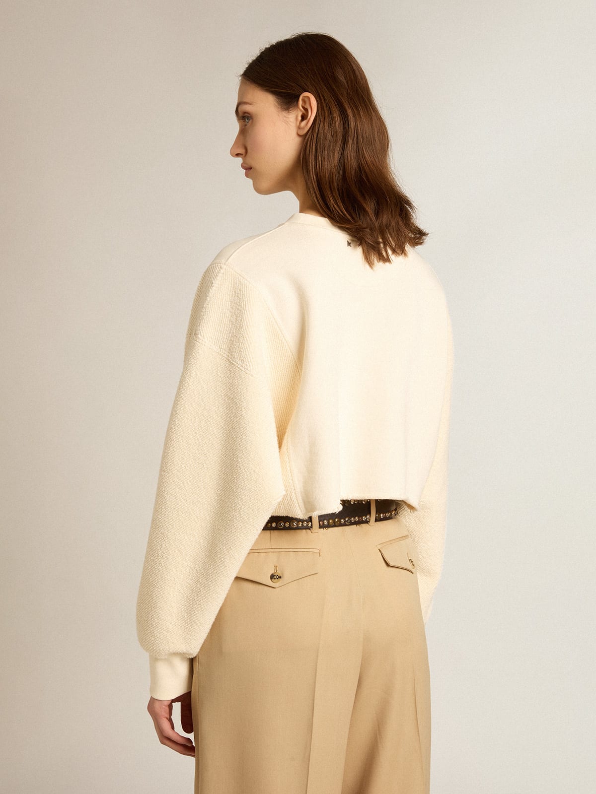 Felpa cropped in cotone color bianco vissuto
