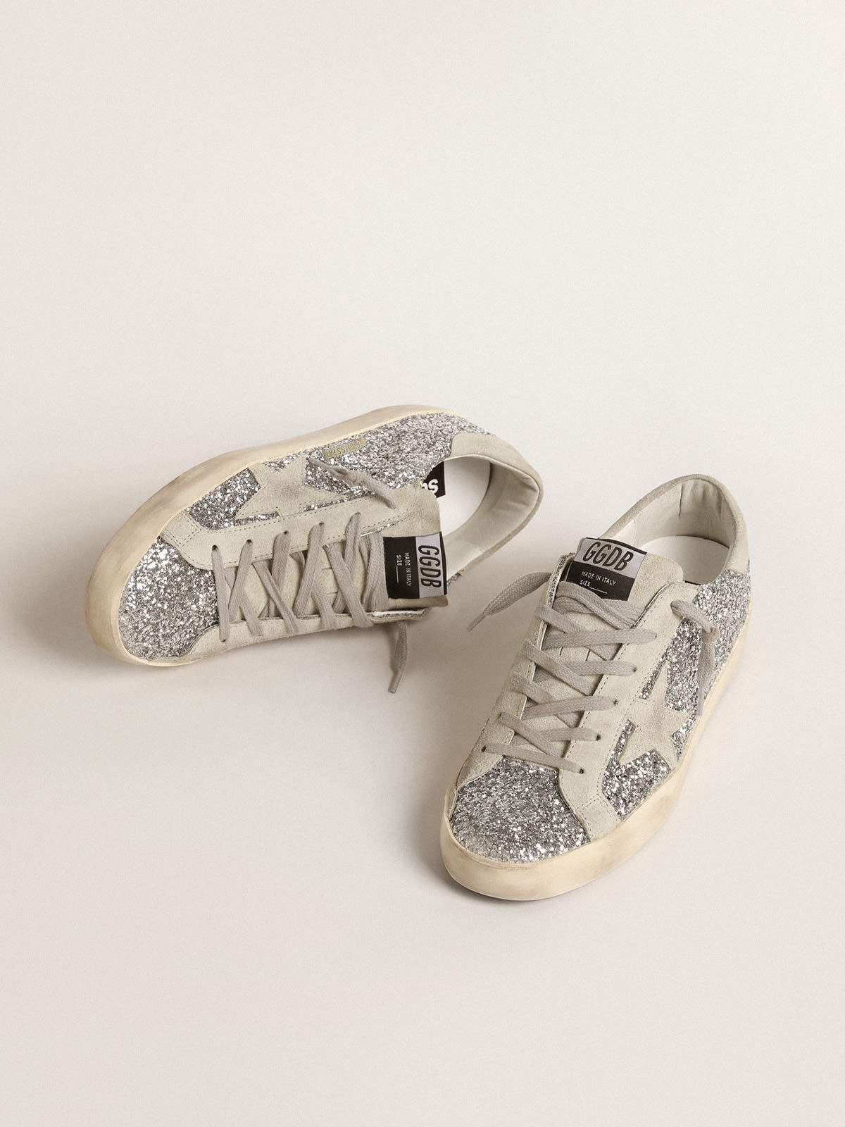 Super-Star in glitter argento con stella in suede grigio ghiaccio