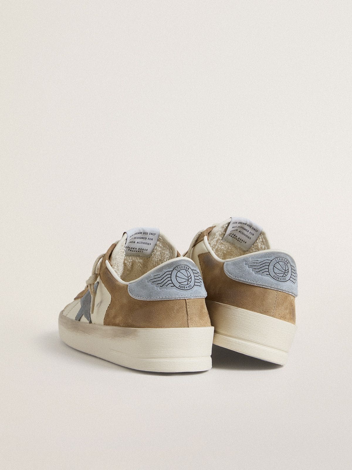 Stardan LTD in white leather and tobacco suede with light blue suede star and heel tab