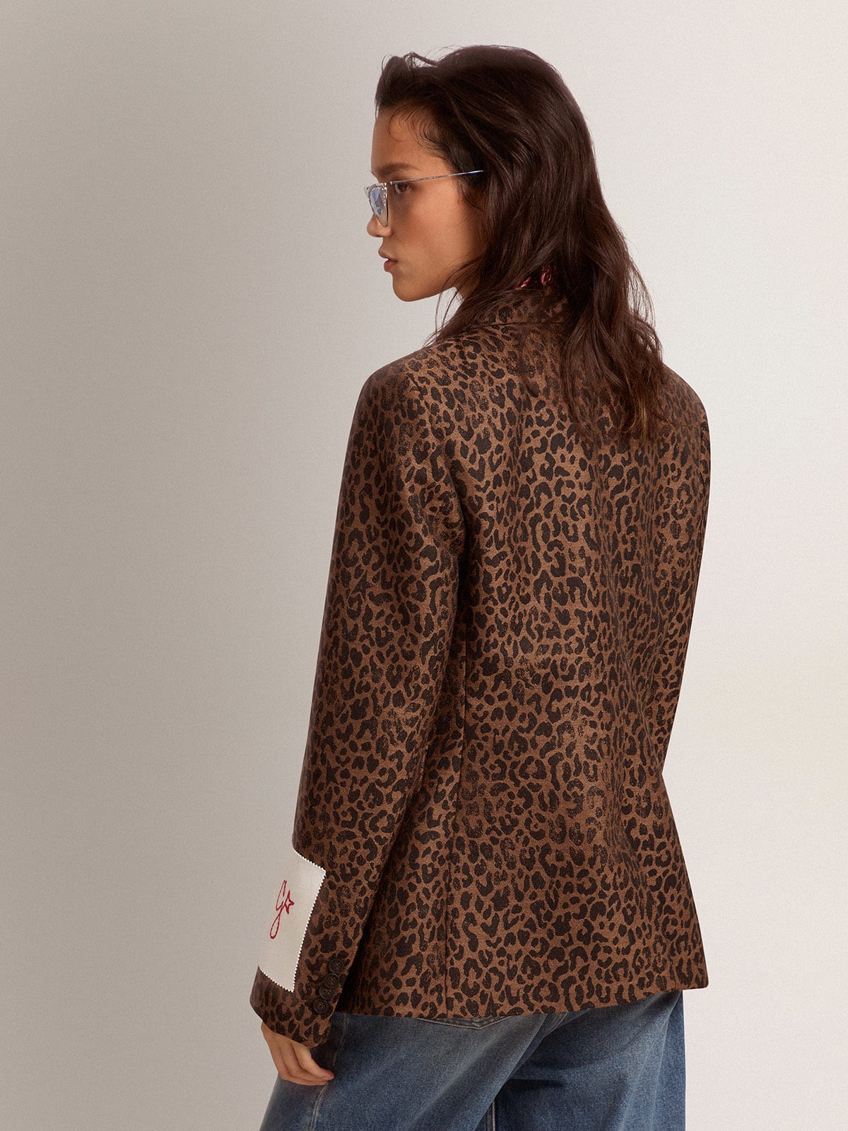 Blazer monopetto Collezione Golden in lana con motivo animalier jacquard
