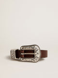Women's dark brown leather belt with decorated silver buckle
