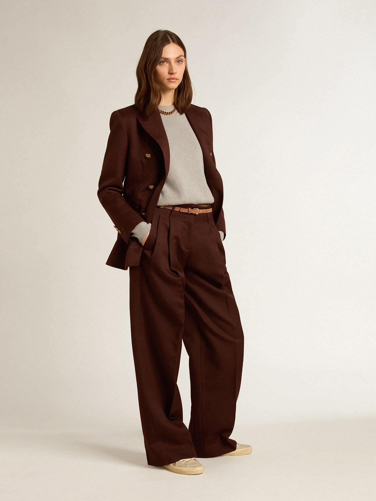 Blazer doppiopetto Collezione Journey in gabardine di lana color chicory coffee con bottoni araldici dorati