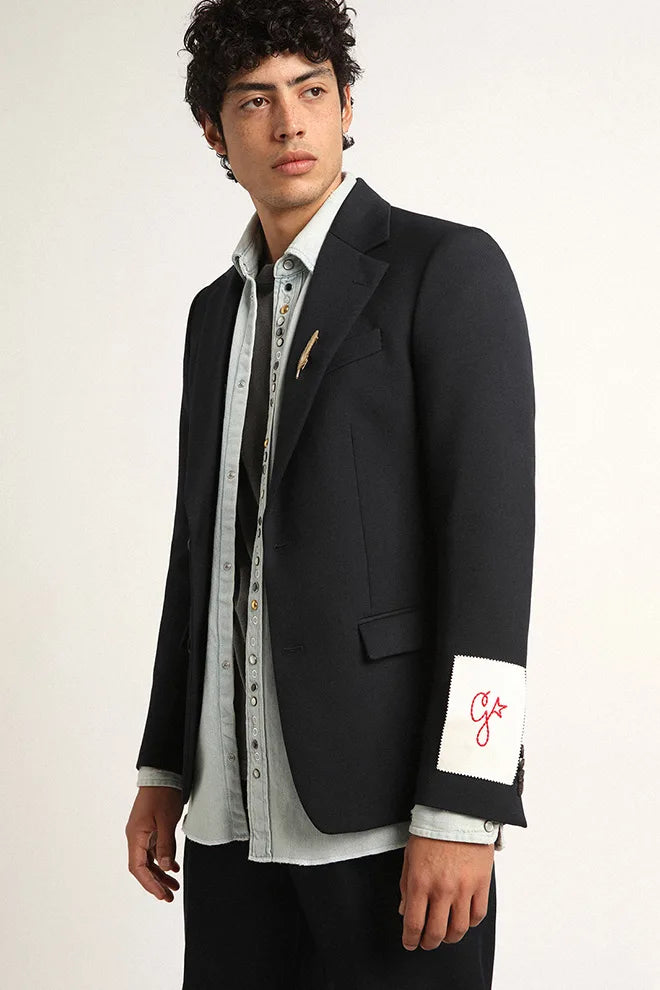 Blazer monopetto da uomo in gabardine di lana blu scuro