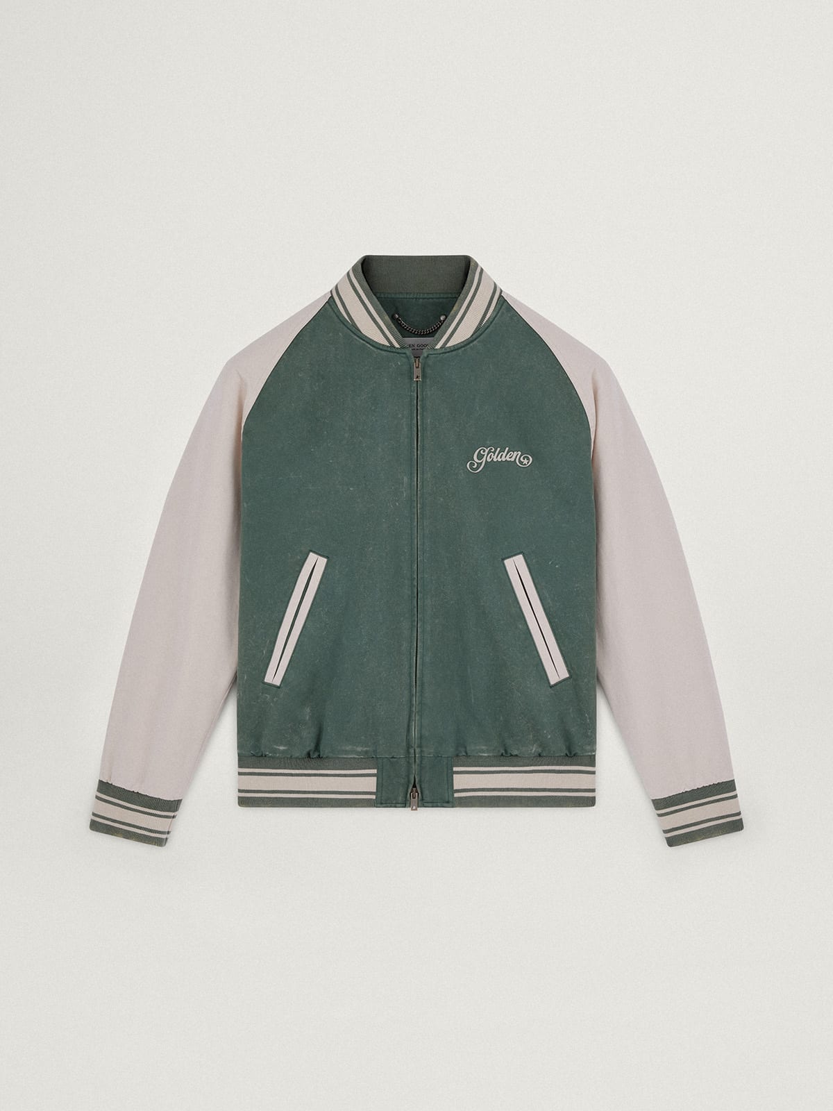 Bomber Eric verde militare e bianco Collezione Journey dall'effetto lived-in con ricamo a contrasto sul retro