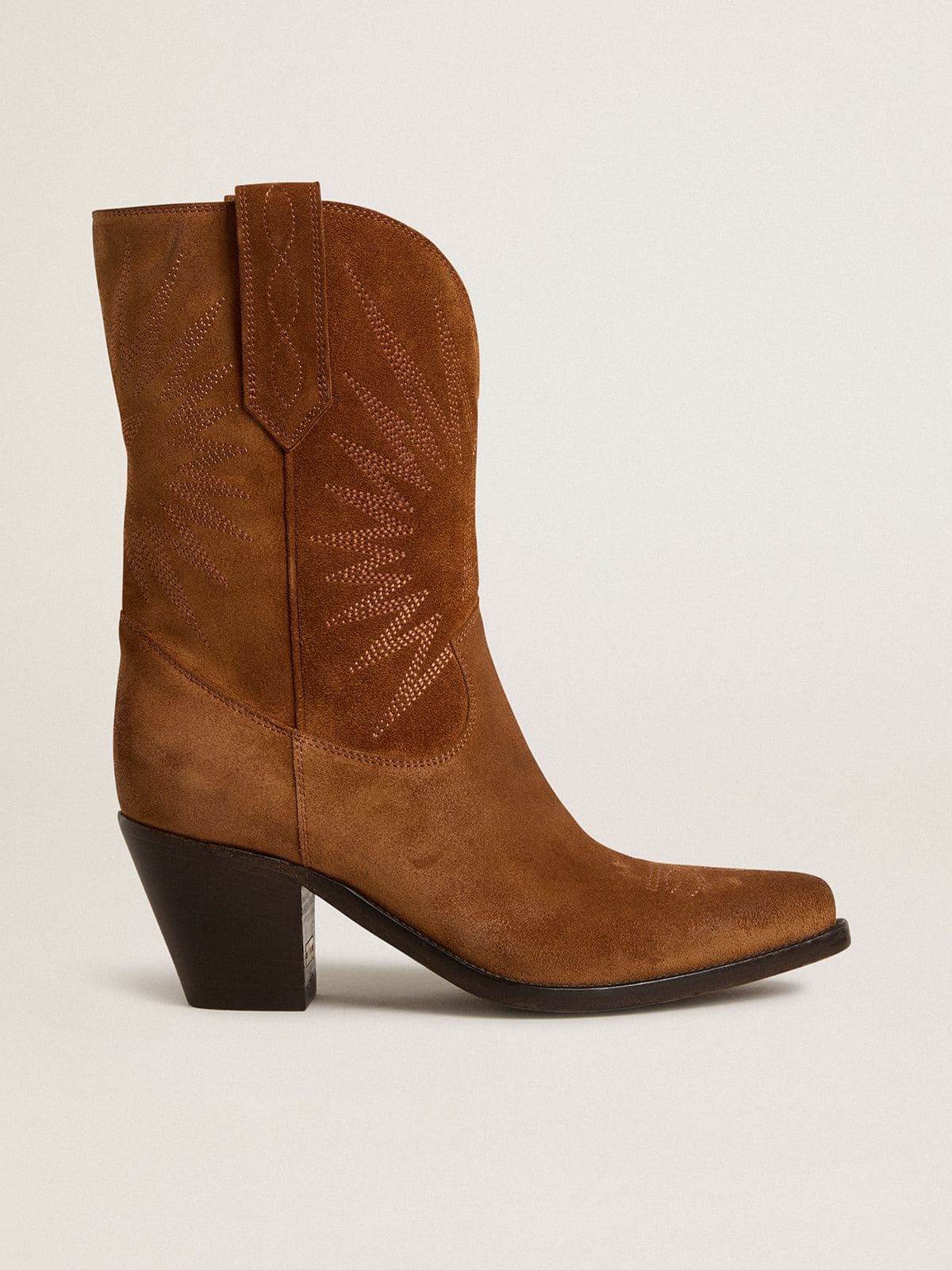 Women's low Wish Star boots in cognac-colored suede with star embroidery