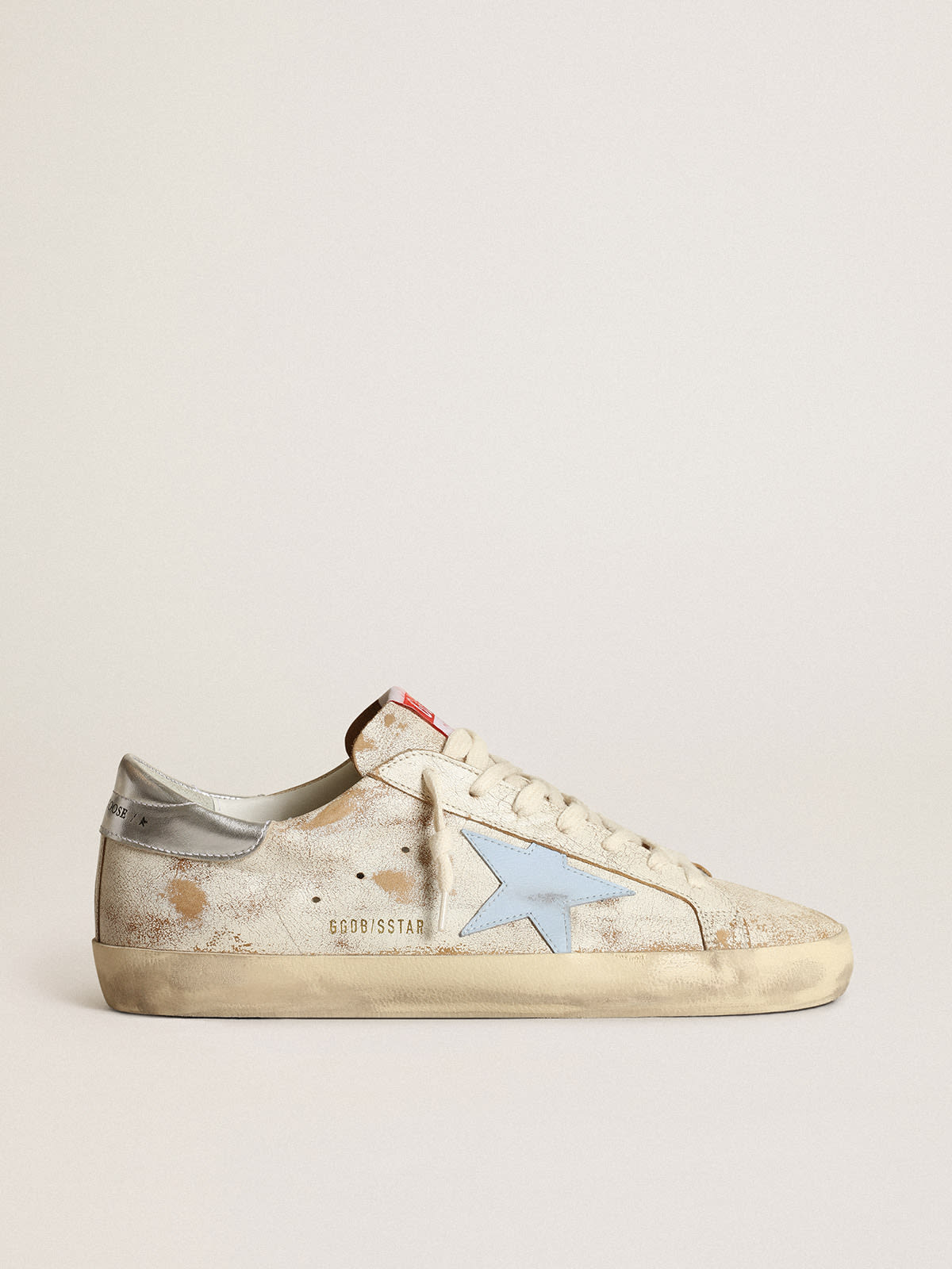 Sneaker Super-Star uomo con stella in pelle azzurro fumé e talloncino in pelle laminata color argento