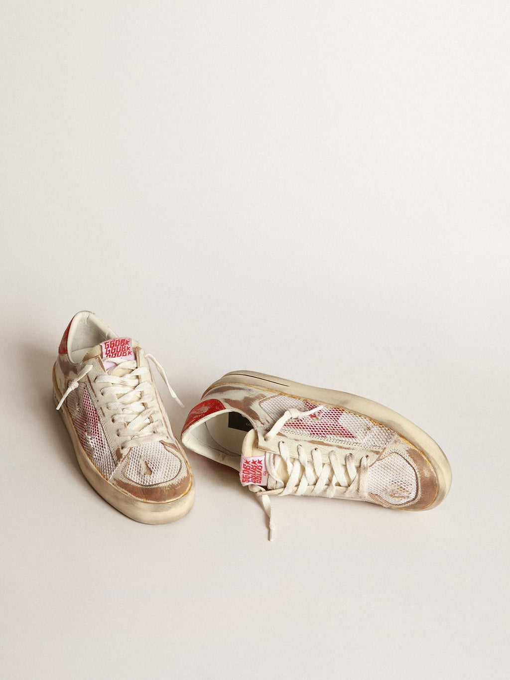 Sneaker Stardan LAB in pelle e rete bianche con stella in pelle laminata rossa