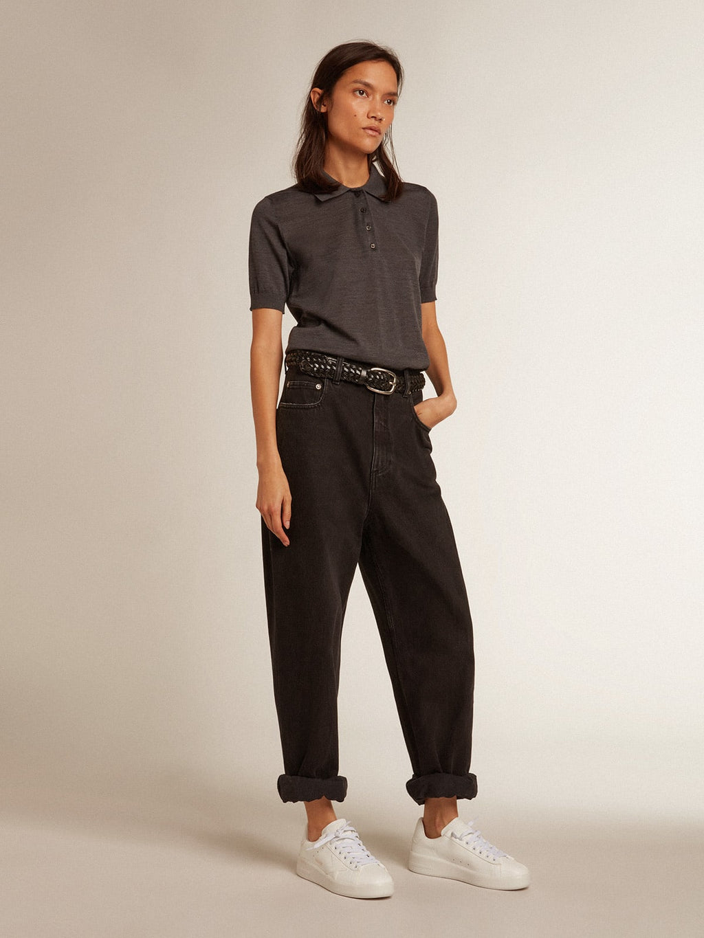 Polo da donna in lana merino di colore antracite