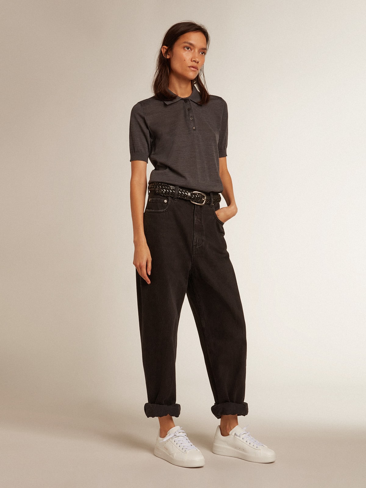Polo da donna in lana merino di colore antracite