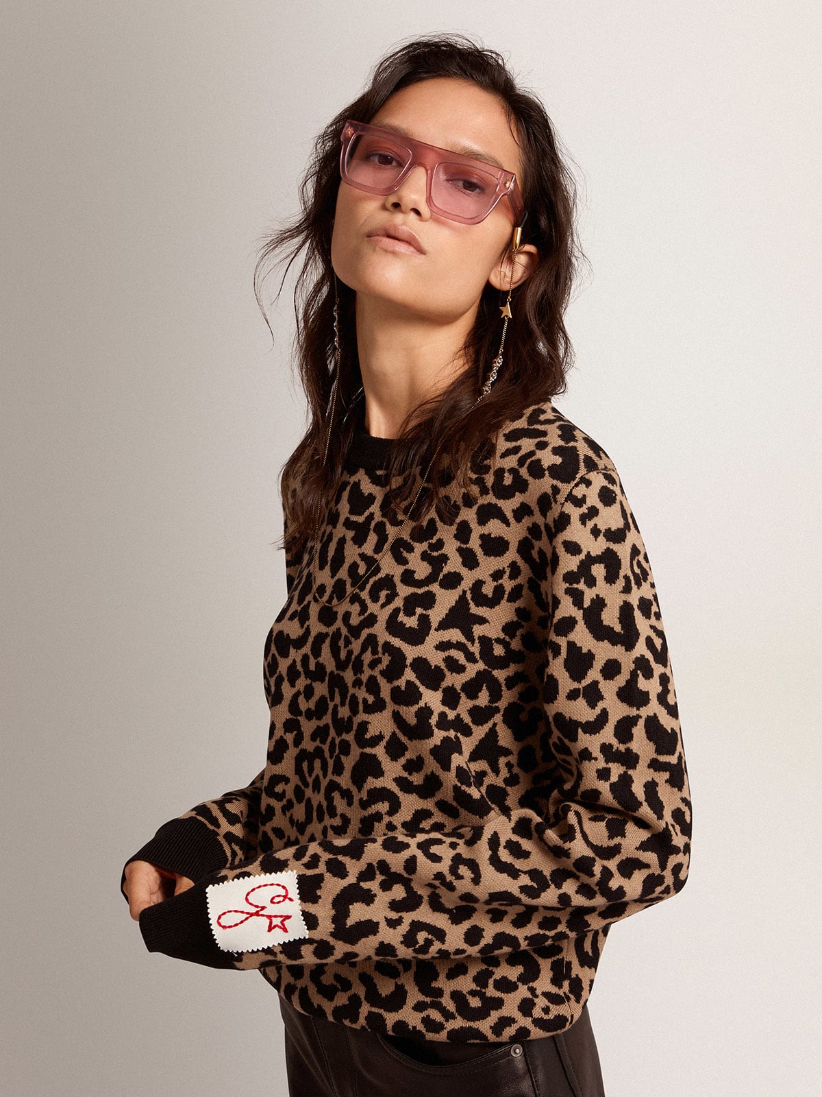 Maglione girocollo in lana con motivo animalier jacquard