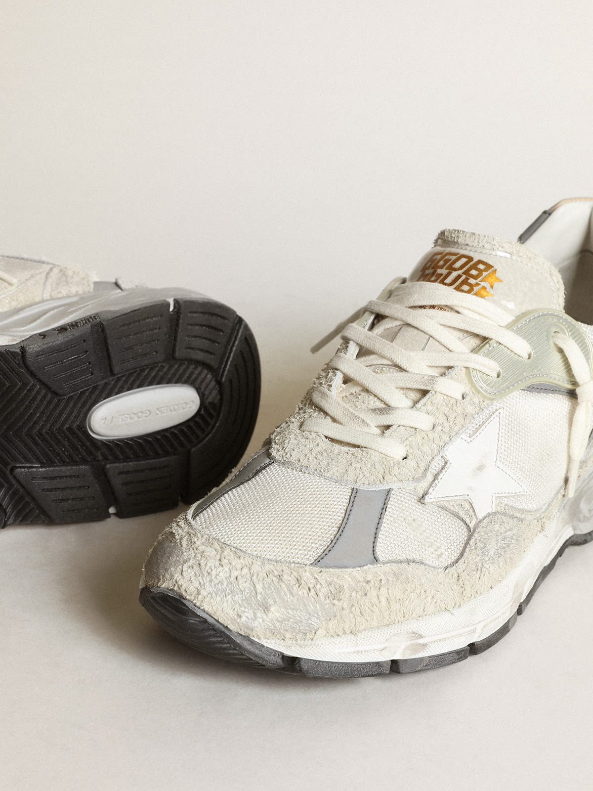 Sneaker Dad-Star in rete e suede bianchi con stella in pelle bianca e talloncino in pelle beige