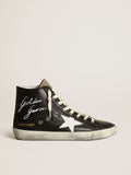 Sneaker Francy in nappa nera con stella in pelle bianca e linguetta in suede color tortora