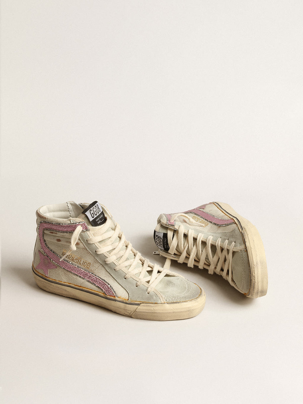 Slide LTD beige con stella e virgola in pelle laminata rosa