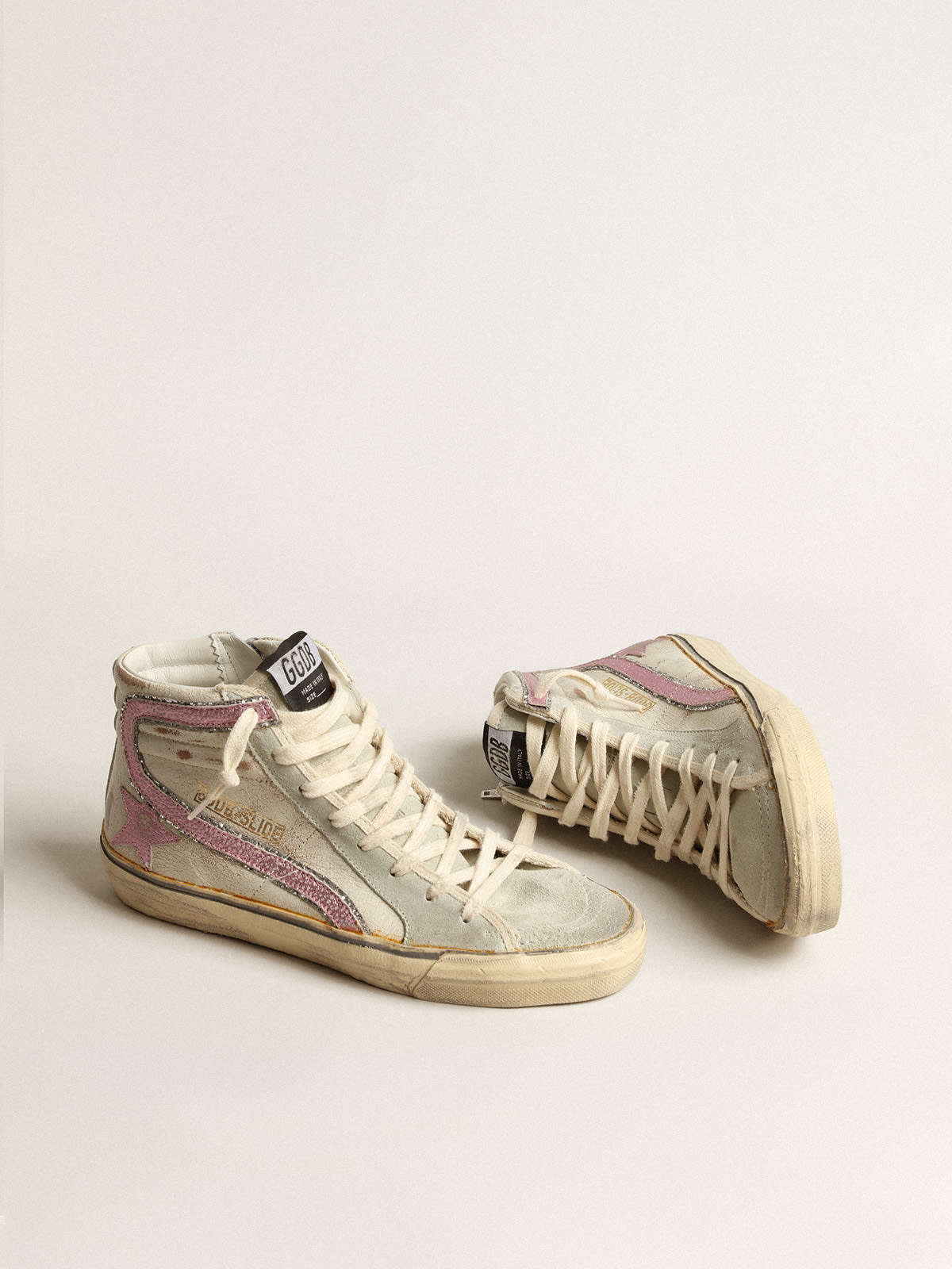 Slide LTD beige con stella e virgola in pelle laminata rosa