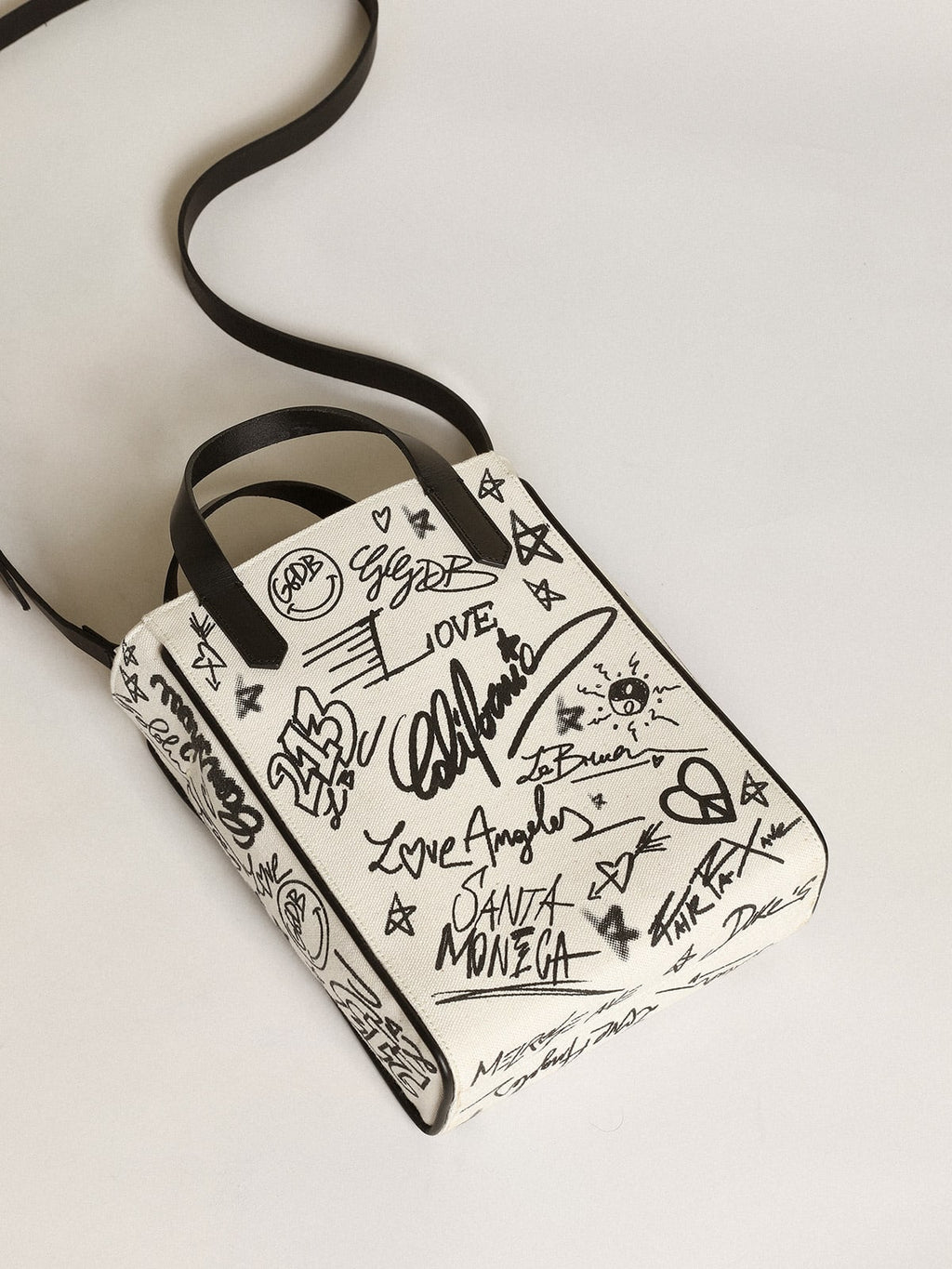 Borsa California Bag mini in cotone bianco con stampa nera a contrasto