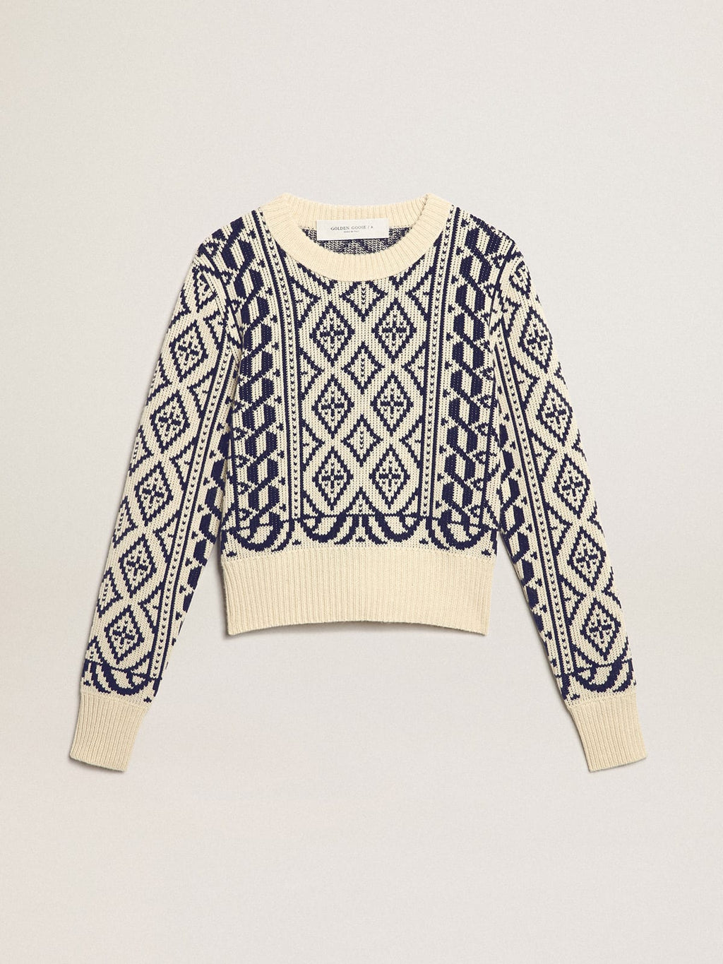 Maglione cropped girocollo a motivi geometrici color pergamena e blu