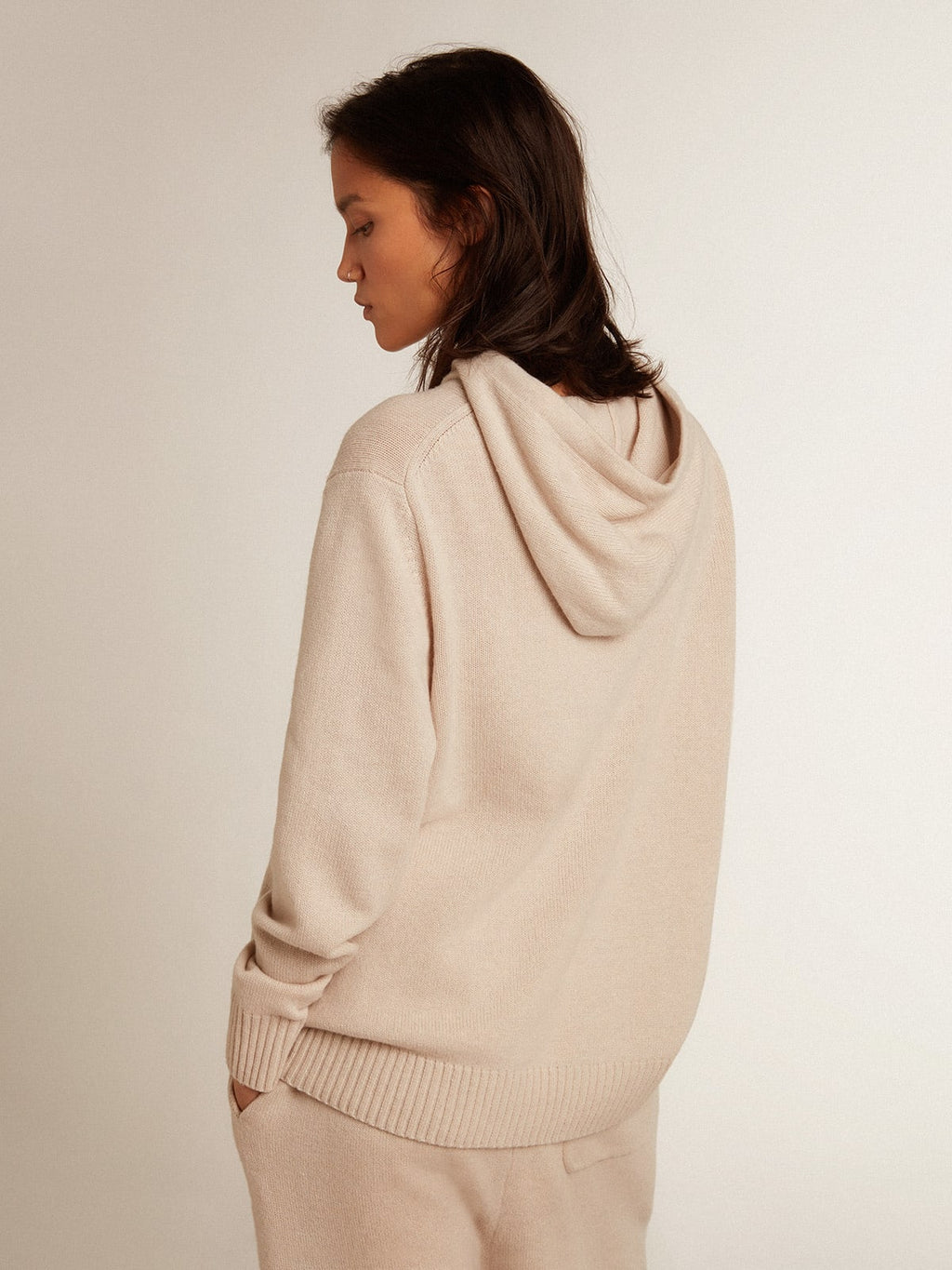 Felpa donna misto cashmere color bianco e cappuccio