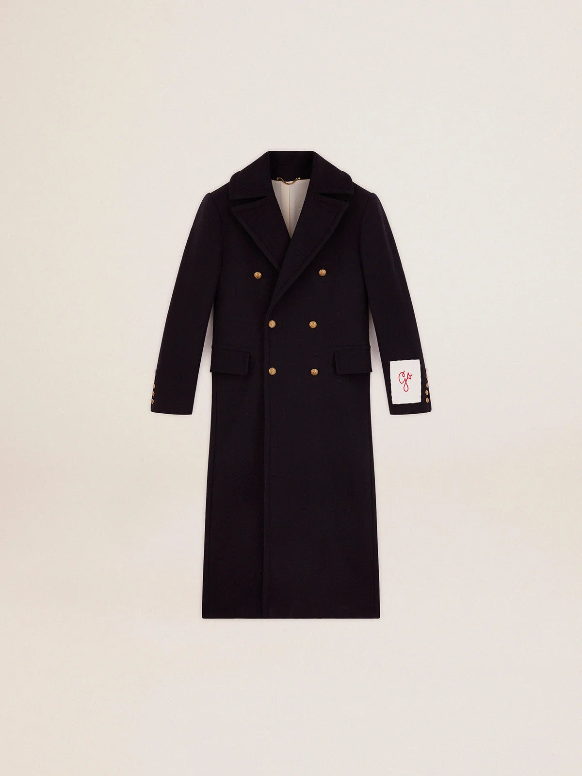 Cappotto doppiopetto da uomo in lana blu scuro e bottoni dorati