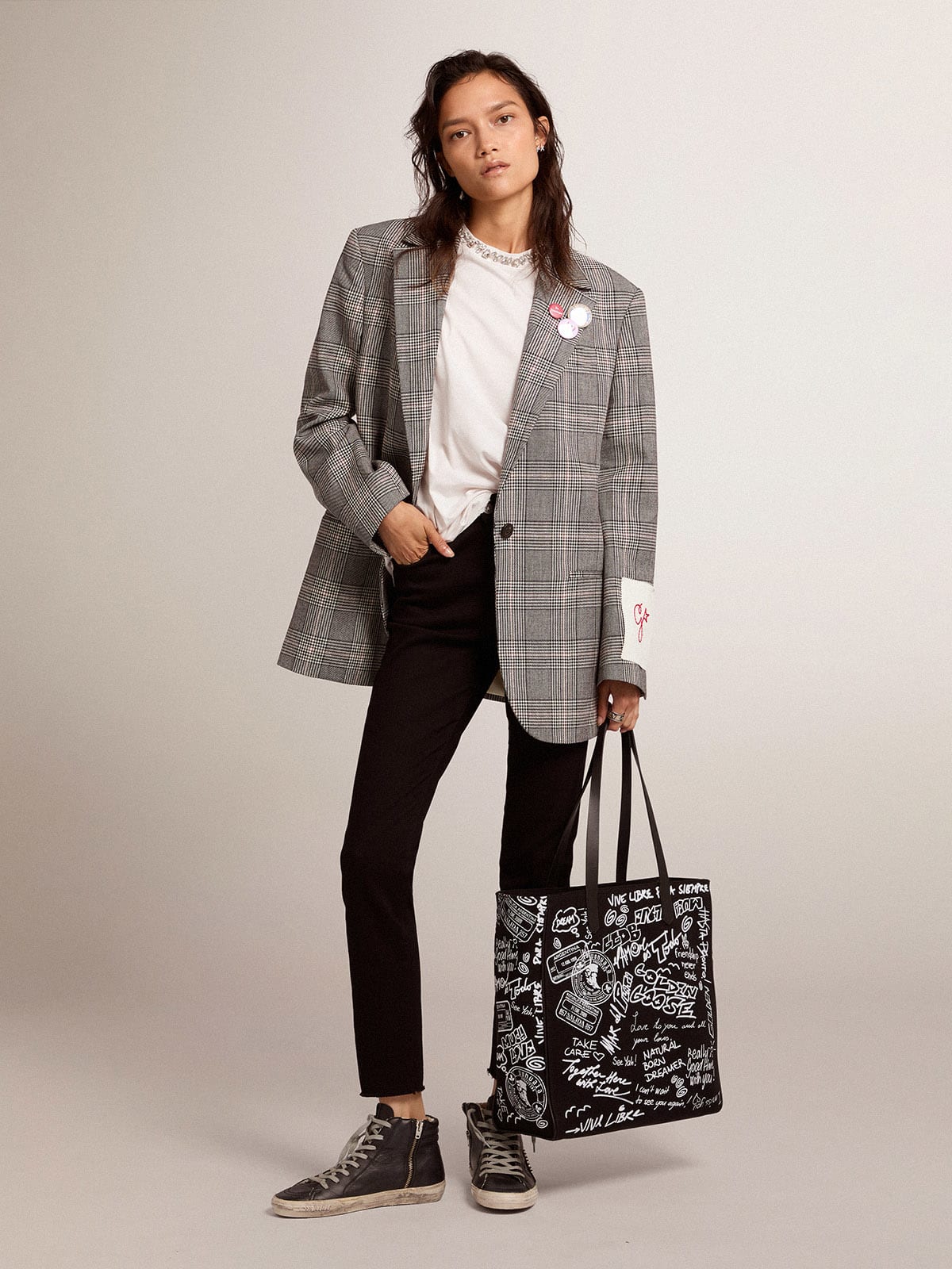 Blazer monopetto donna Collezione Golden in principe di Galles grigio e bianco