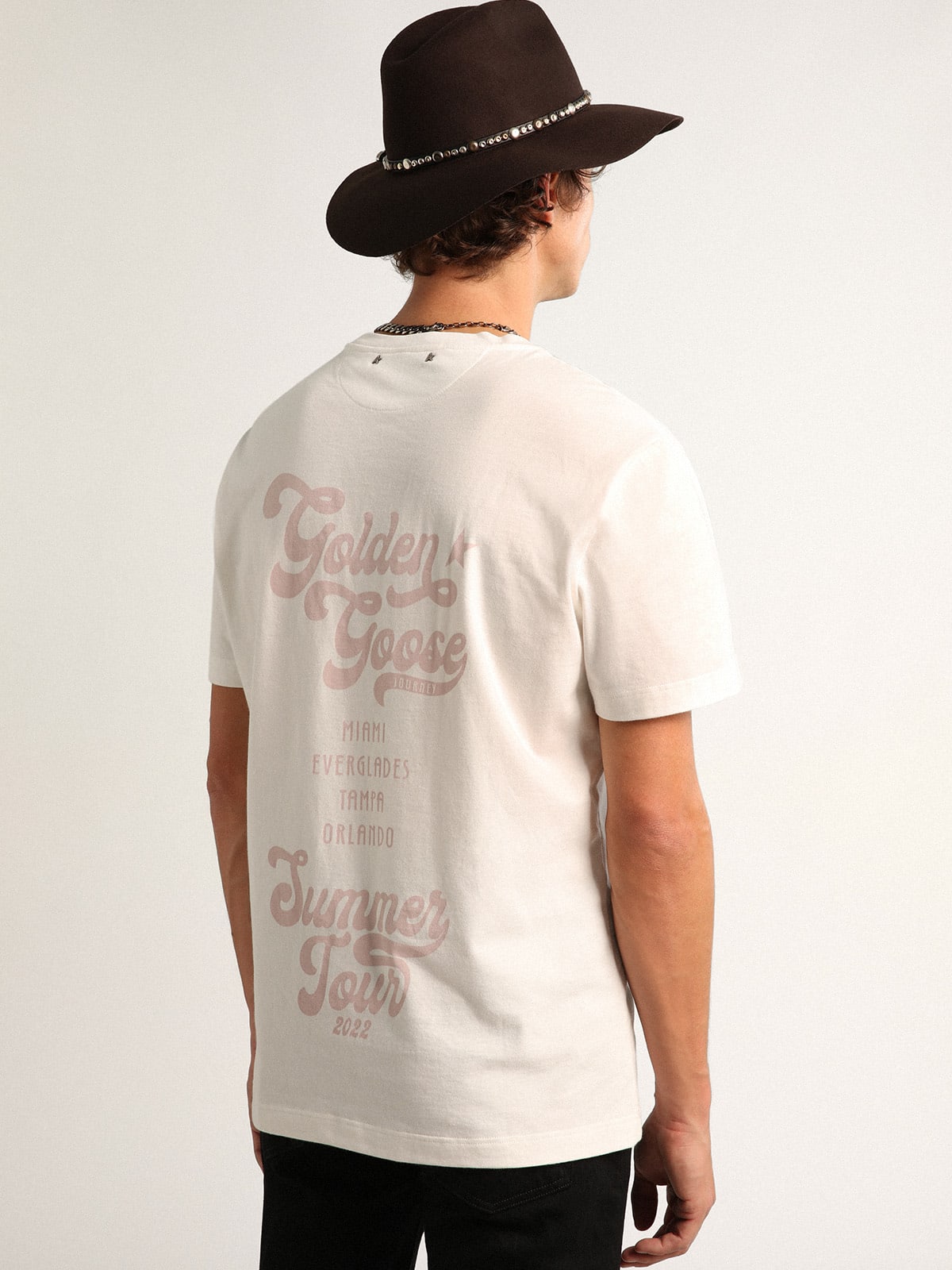 T-shirt bianca Collezione Journey con doppia stampa di colore lilla