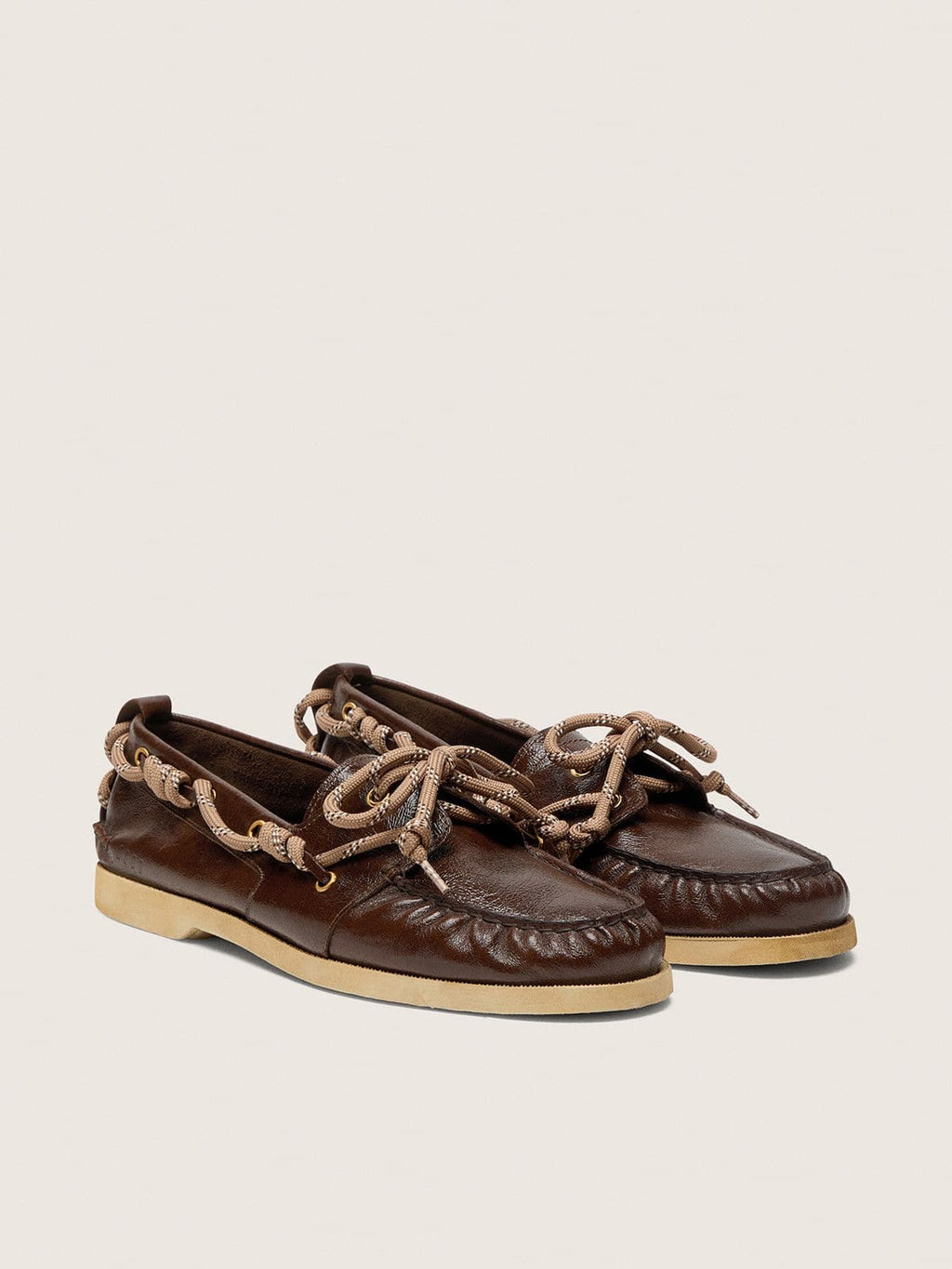 Women's Cruise loafers in glossy dark brown leather with dove gray hiking laces